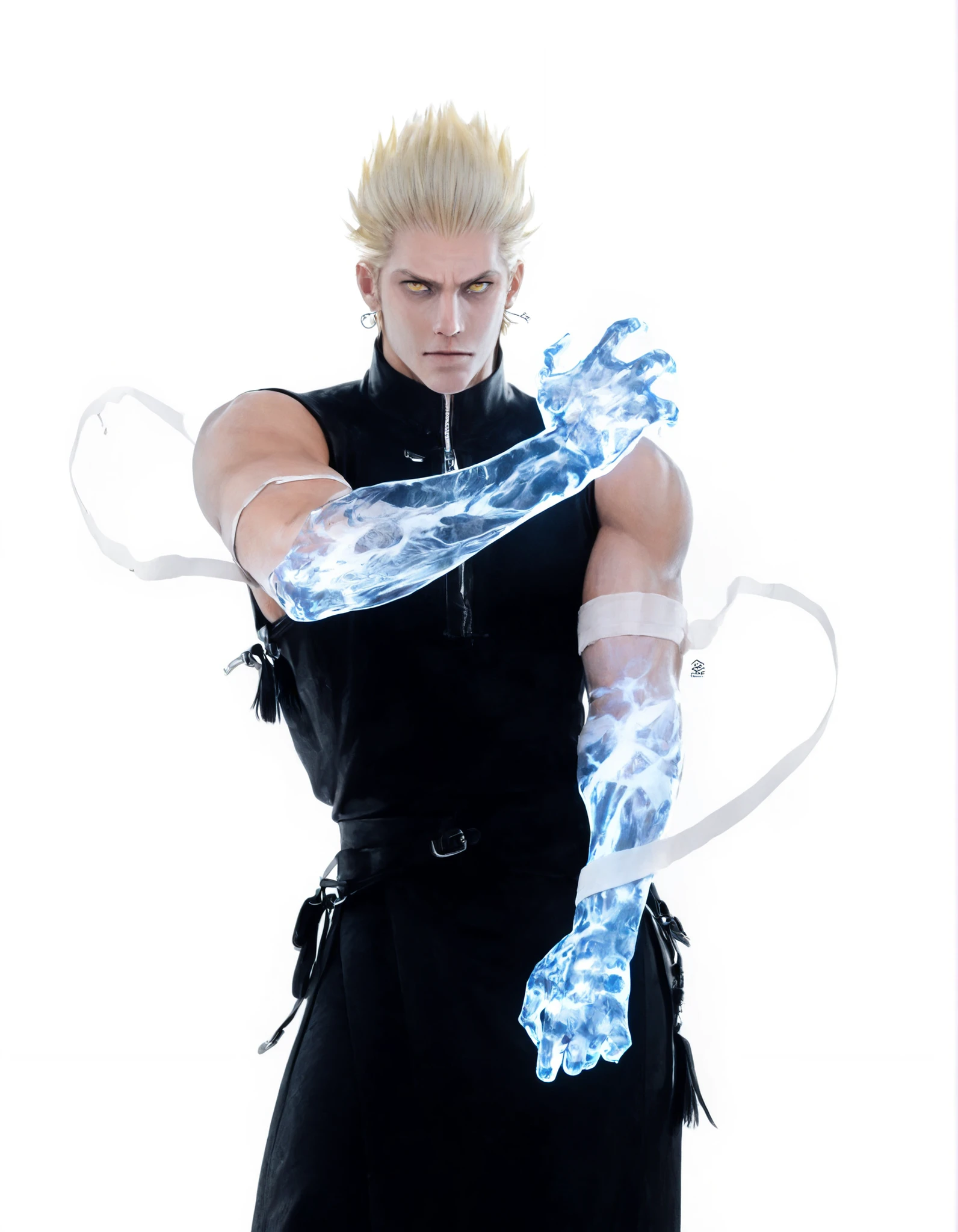 a boy,Alone,male focus, (lateral arm lift)),((in front)), straight arm,arm out,((arm pointed at your side)),Firm standing,knees slightly bent,(( straight arm)),Standing firmly,Espectro humanoide con un brazo blue transprente,a boy,Alone,male focus,Muscular, leather mask ,hollow eye,round eye,bandages on the arms,strong hands,hand in air grip,brazo blue transparente con simbolos hasta el codo,zip closure,blonde hair,loose clothing,fabrics over the body, straight arm hacia al aldo,high arm,Muscular male,flat color,magic arm,blue,monochrome,business,sleeveless,yellow eye,Looking At The Spectator,clutching her shoulder,Serious,upper body,is coming,frown,short hair,traditional media,(( transparent arm)),( transuluded arm), (( straight arm hacia el lado)),((exploding arm of power))