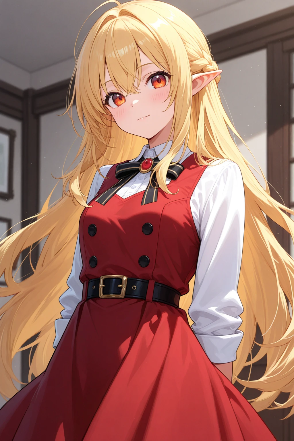 White woman vampire sitting impatiently, fit 6 pack , blond very long super thick wild hair , smiling , blushing , small snow leopard ears , red eyes , suductive smile , freckles, pose , wearing a short skirt with out