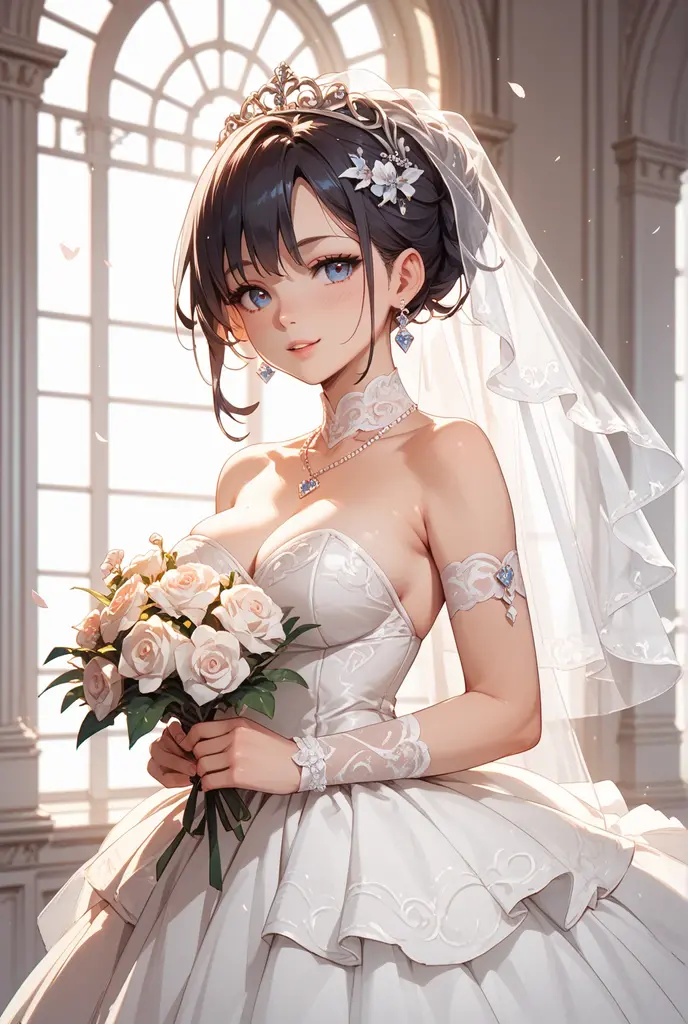 Masterpiece:1.2, best quality), realistic, (Real picture, complicated details, depth of field), (1 girl, alone), put on makeup, Chapped lips, มีรายละเอียดhigh, perfect face, (scalping), thick thighs, wide , small waist, high, glossy coral lips,, (Young woman in a wedding dress with flowers in her hand )), , blushing, Mikasa from AOT