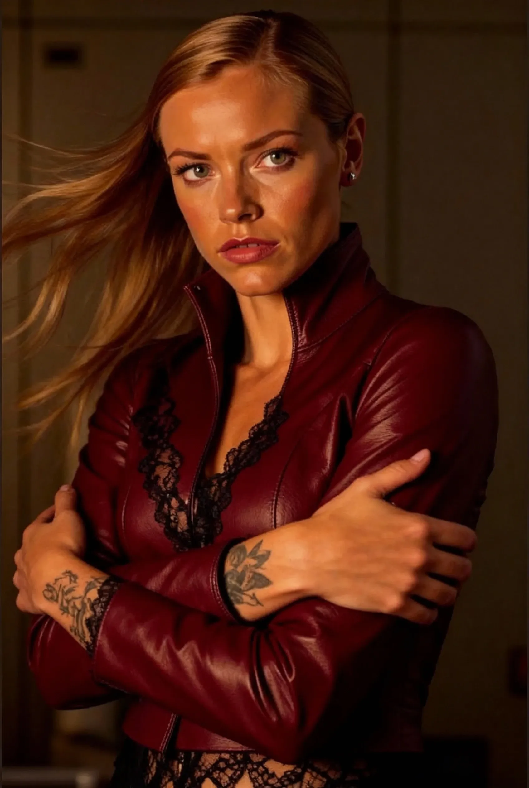 Gwyneth Paltrow dressed in red leather jacket and ripped jeans