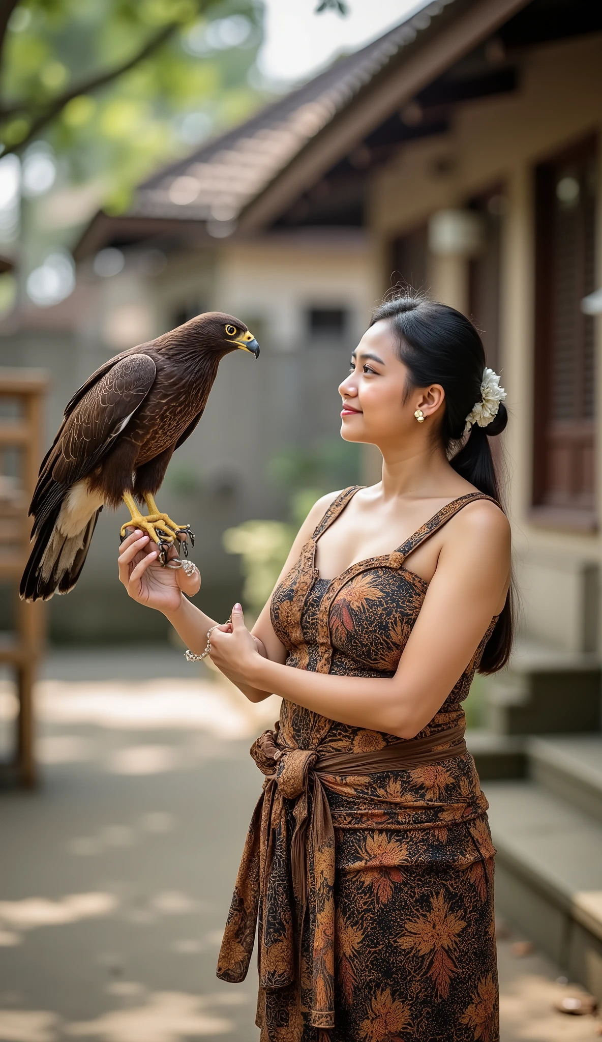 (Realistic),masterpiece,best quality,cinematic lighting,natural shadow,highest detail,professional photography,detailed background,depth of field,insane details,intricate,aesthetic,detailed face,subsurface scattering, a young javanesse women wearing sleeveless and strapless kebaya and sarung batik. She is taking care of her eagle bird. Behind there is a bird cage. She in the small town in Java in 1856. Her body is curvy and not slim and not athletic. She has medium height