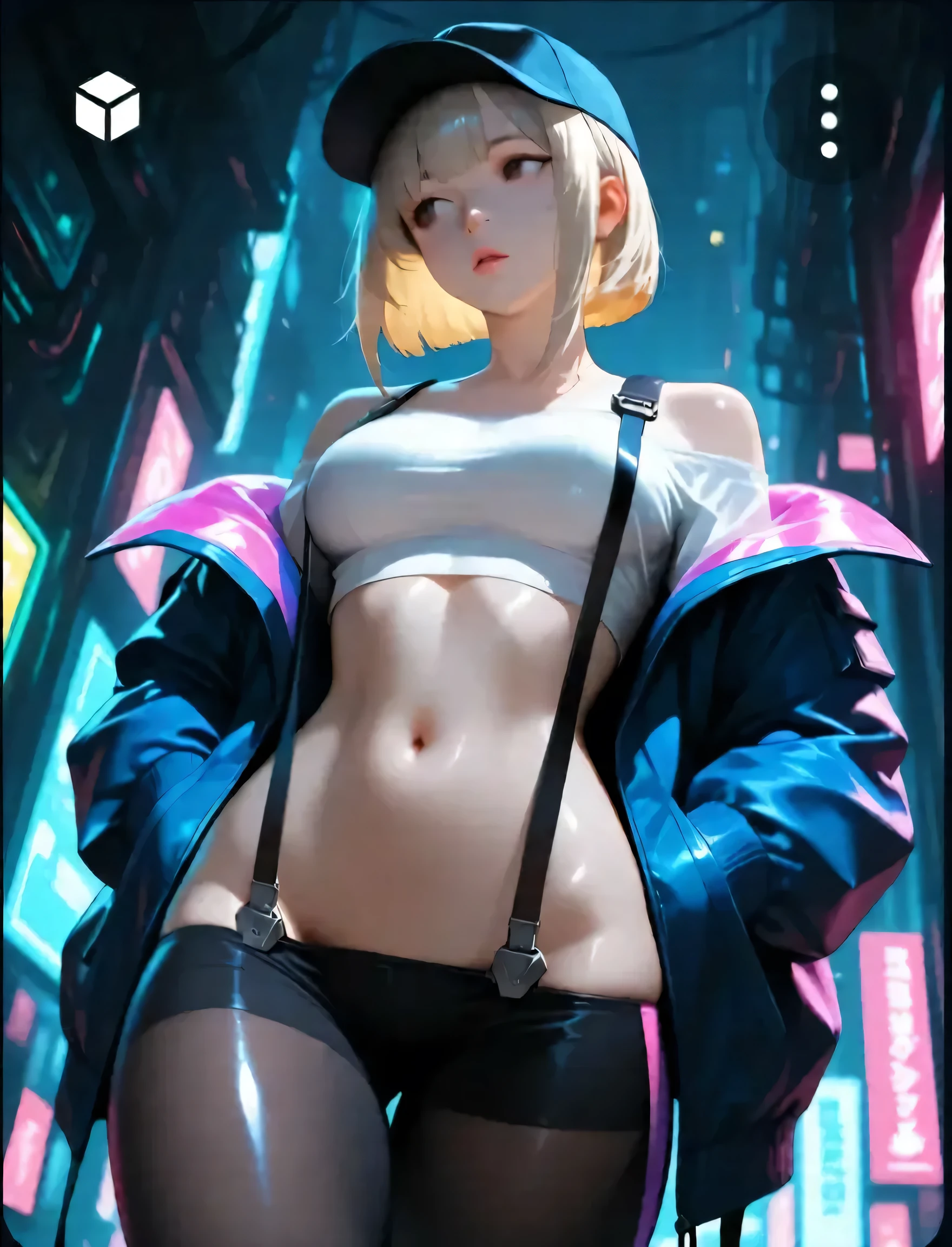 masterpiece, best quality, vibrant, very aesthetic, high contrast, semrealistic, newest,  
scenery, neon rim light, dark, 1girl, medium breasts, wide hips, huge butt, thick thighs, black (lowleg:1.3) leggings, crop top white shirt, (neon suspenders:1.2), dark blue , off-shoulder, platinum blonde, bob cut, sidelocks over shoulder, shiny dark eyes, looking away, hands in jacket pockets, oversized baseball cap, chewing gum, face focus, fine fabric emphasis, dynamic walking pose, twisty pose, head tilt, navel, wide shot, shiny skin, cyberpunk, BREAK, eyes, detailed eyes, masterpiece, best quality, amazing quality, very aesthetic, high resolution, ultra-detailed, absurdres, newest, scenery, depth of field, volumetric lighting
Big