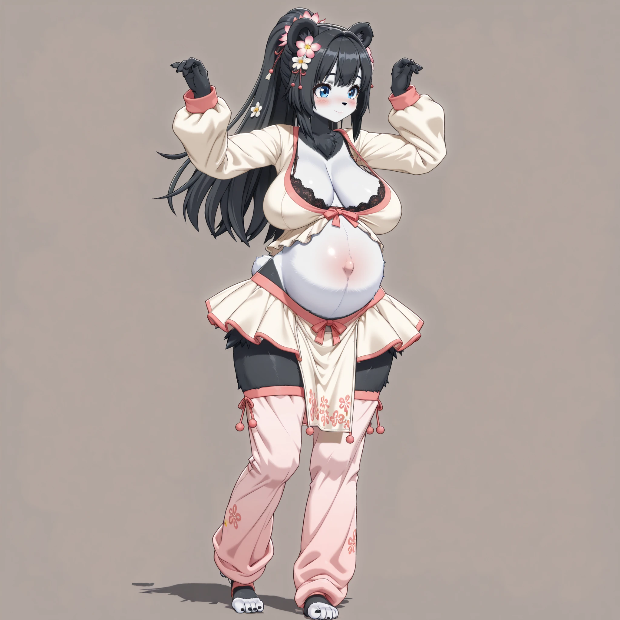 (1girl, solo, panda girl, furry, Kemono, Fluffy fur, coloured fur, black fur, two tone fur, black hair, long hair, bangs, ponytail, hair flower, blue eyes, cleavage, sagging breasts, navel, pregnant, wide hips, pajama outfit, long sleeves, bra, mini skirt, pelvic curtain, low pants, thighhighs, harem pants, toeless socks, barefoot, standing, dancing, blush, happy, stylish, graceful, charming, cute, full body, beautiful environment, gothicstyle, biyōjo, moe, 3d, zzzpony, beautiful aesthetic, simple background, masterpiece, best quality)