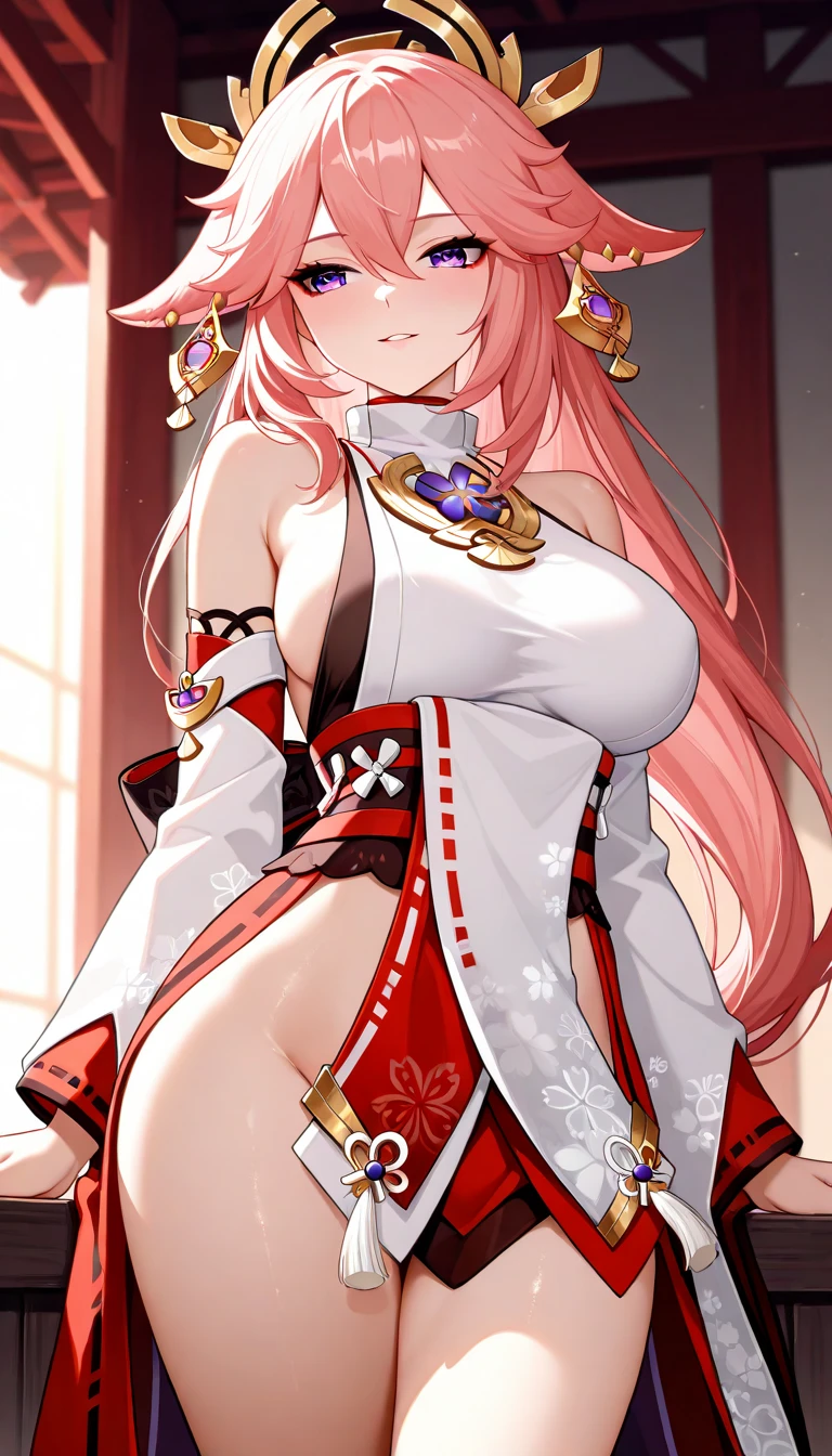 (Masterpiece, Superb Quality, 1Girl, Solo, Intricate Details, Color Aberration), Realism, ((Medium Breath)), ???? Shoulders, ???????????, ????, ((Genshin, Nurse, Yae Miko, Long Pink Hair, Red Headgear, Purple Eyes, Earrings, Sharp Eyes, Perfect Symmetrical Body)), ((Sleeveless), (Nurse Uniform: 1.4)), Patient Room, Bed, Dim Lighting, Looking at the Audience, ((Seductive, Glamorous)), Large Aperture, iOS, Pen in hand