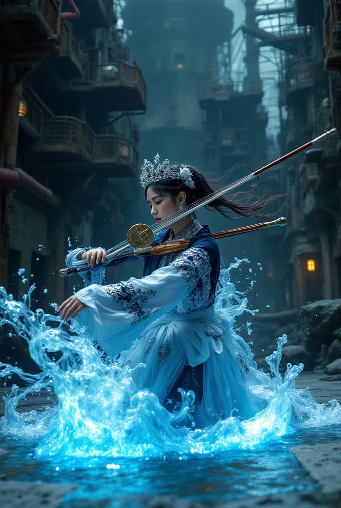 A picture full of stories,GoPro,motion blur,long exposure,close-up,an elegant chinese girl dressed in Tang Dynasty  fighting,in the middle of a blue stream,covered with thunder and lightning,martial arts moves,Peerless beauty,in an ethereal portrait style,by Polina Washington,Chinese style,playing light and shadow, Bauhaus photography,Fuji, 28mm, super color dreamscape, Camille Claudel.Selective focusing, cyan blue light
