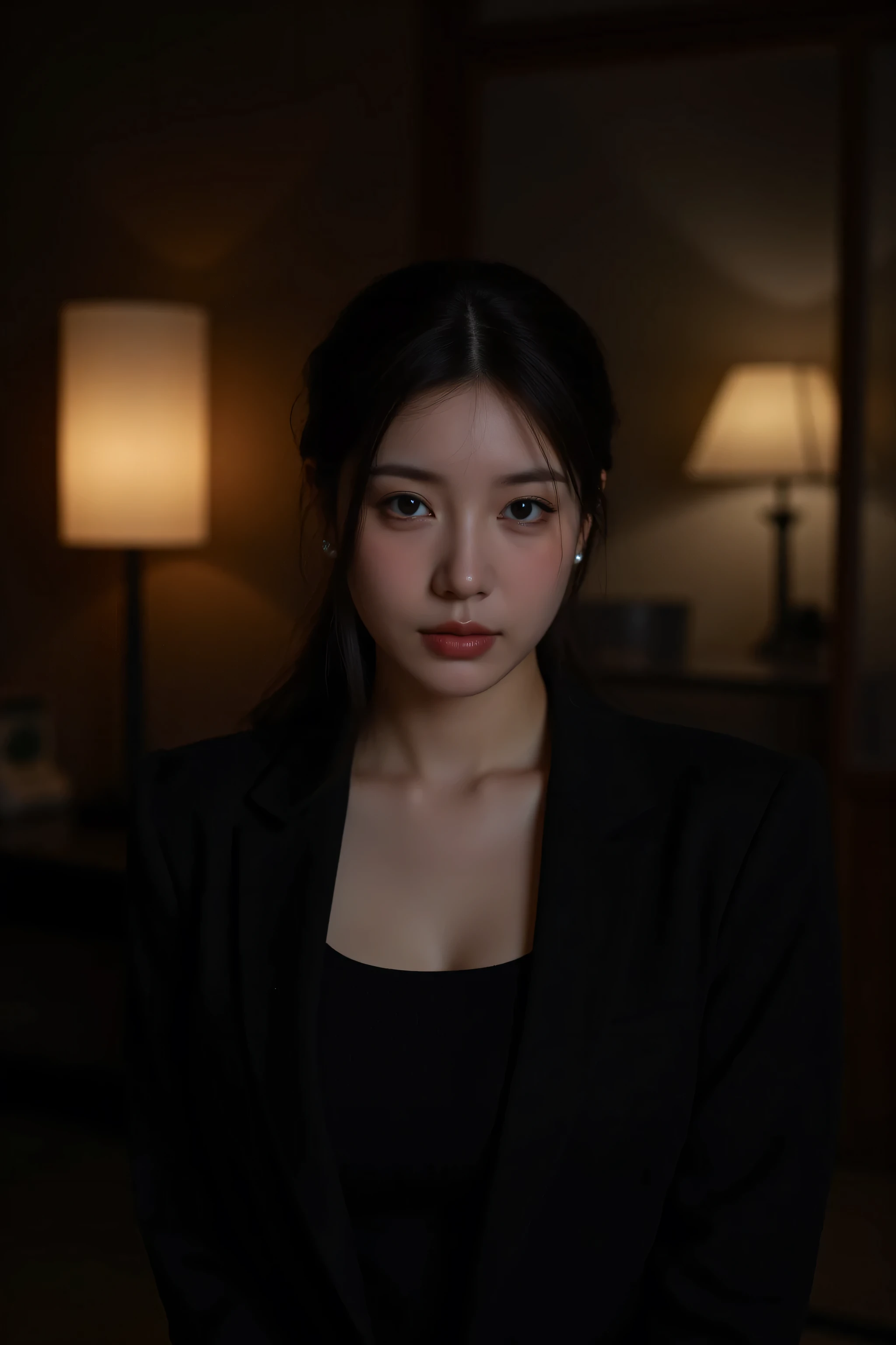 (top quality、Greatest Masterpieces、8k、best image quality、winning works)、(beautiful 40 year old mature woman:1.4)、 perfect and beautiful composition 、(Black Long Sleeve Jacket:1.2)、(black U-neck inner shirt:1.4)、(cleavage:1.2)、Wrinkled old face、big boobs、(short tied chignon exposing my forehead :1.8)、(face close-up:1.3)、(Staring directly at me:1.4)、standing gracefully、Modest Light Makeup、 Ultra High Resolution Beautiful Face 、ultra high definition hair、super high resolution sparkling eyes、super high resolution gloss slip、accurate anatomy、(dark elegant Japanese room background:1.5)、(a dim Japanese-style room with only warm lamp light:1.5)、(Sad Expression :1.1)、sliding door、Shoji screen、tatami、(Warm lamp backlighting:1.5)、(has a forehead:1.5)、( very dark room:1.5)