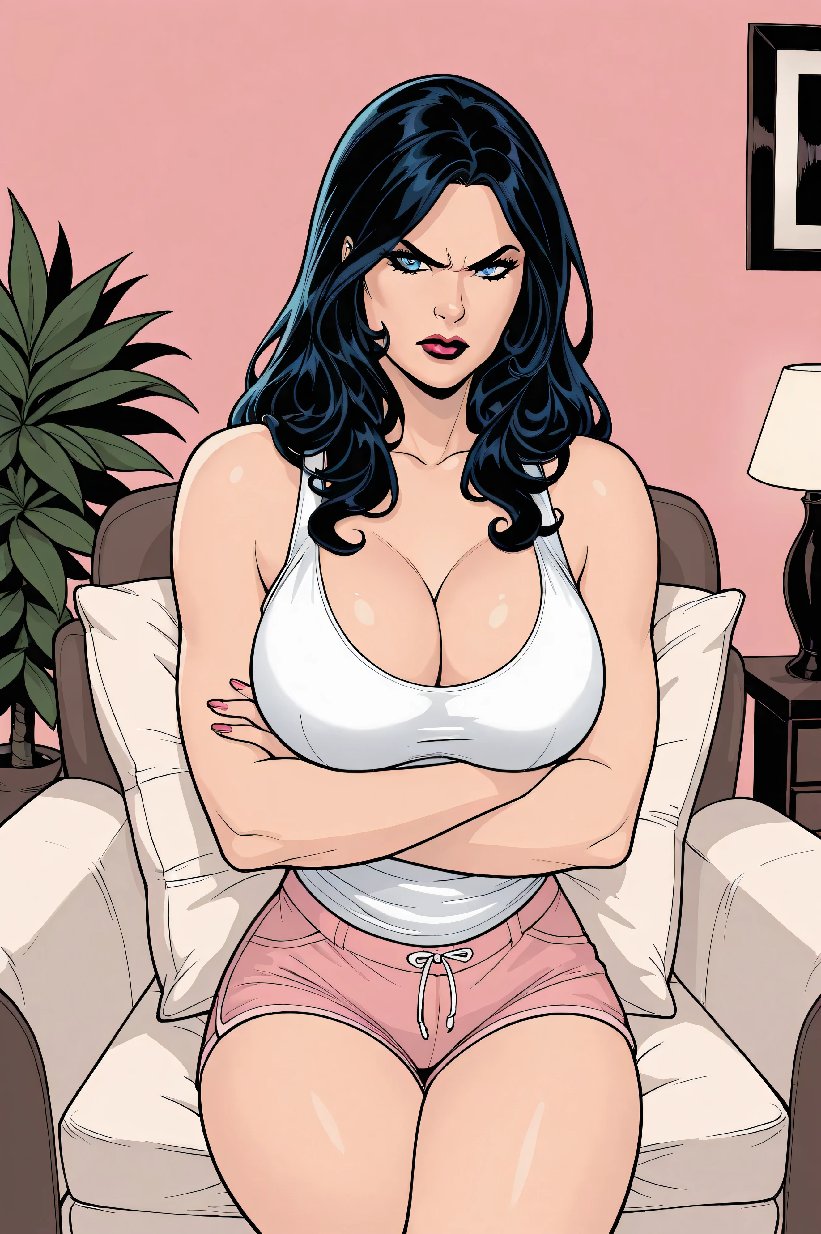1girl, solo, huntressdccomics, 1girl, solo, black hair, large breasts, long hair, blue eyes, lips, lipstick, makeup, cowboy shot, full lips, facing viewer, t33ryd0ds, "0" :" masterpiece,best quality,absurdres, amazing quality, high contrast, closed mouth, closer up, sitting on armchair, living room background, angry, closer up, white tank top, pink sleep shorts, drawstrings on shorts, bare thighs, cleavage, curvy, arms folded under chest,