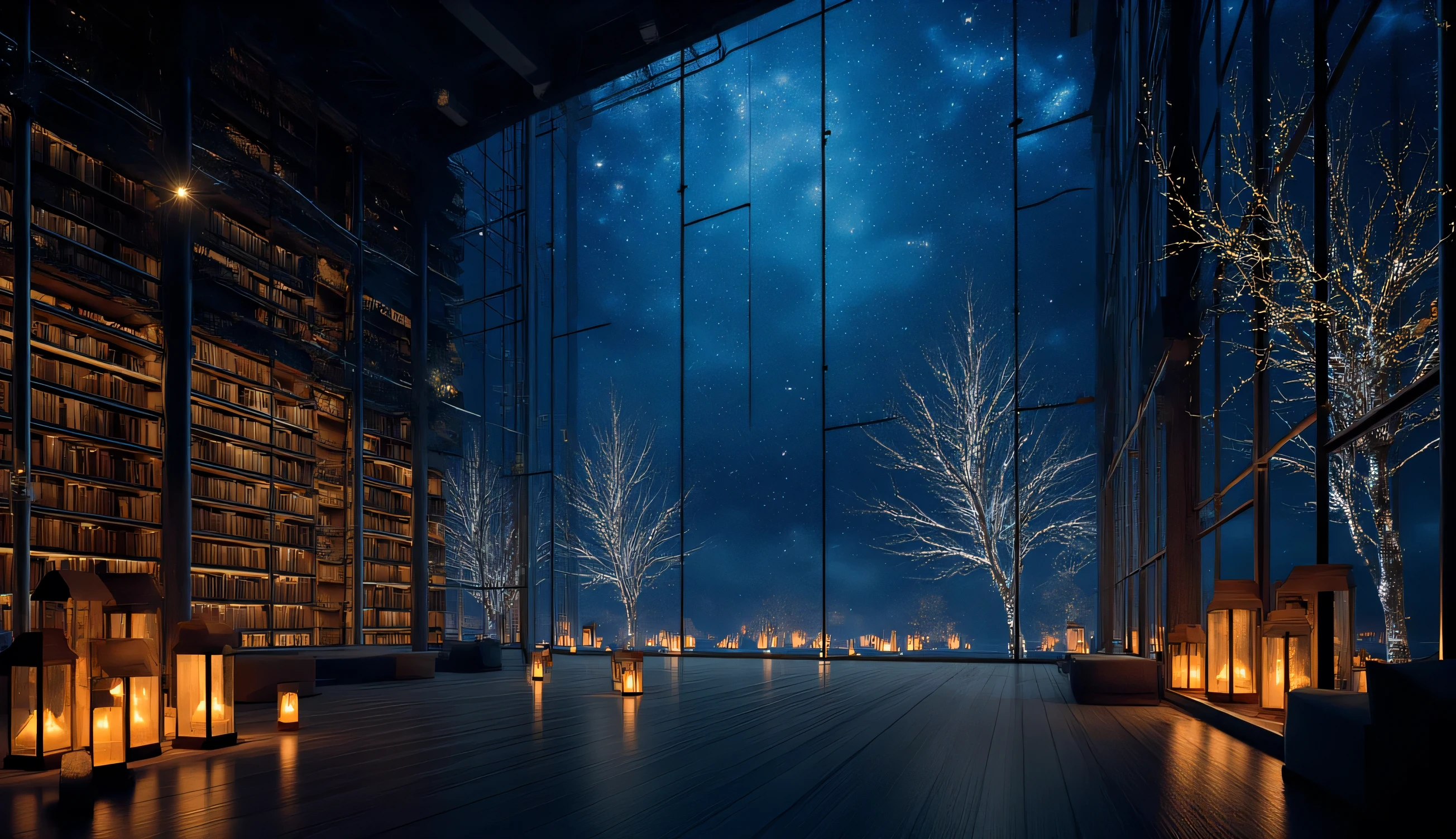 Wide々andした空間に魅惑的なシーンがWideがります, exposed branch silhouettes. At night, envelops the surroundings in deep blue. It's a place where you can soak in both literature and the beauty of an enchanting night, space. This scene evokes peaceful solitude and wonder, creates a gentle winter atmosphere. internal, High ceilings and large windows create a grand and open atmosphere {x} bright lights reminiscent of fireflies and distant stars twinkle on the glass exterior walls {x} of numerous lantern-style lamps Warm light projects puddles golden light is reflected on the wooden floor, and、express. Books line up all over the wall, It stretches toward the sky. It was , attractively arranged between lamps, 快適さand静けさを表現しています, 高い天井and大きな窓が壮大で開放的な雰囲気を醸し出しています. このシーンは平和な孤独and不思議さを呼び起こします, 文学and魅惑的な夜の美しさの両方に浸るこandができる場所です.