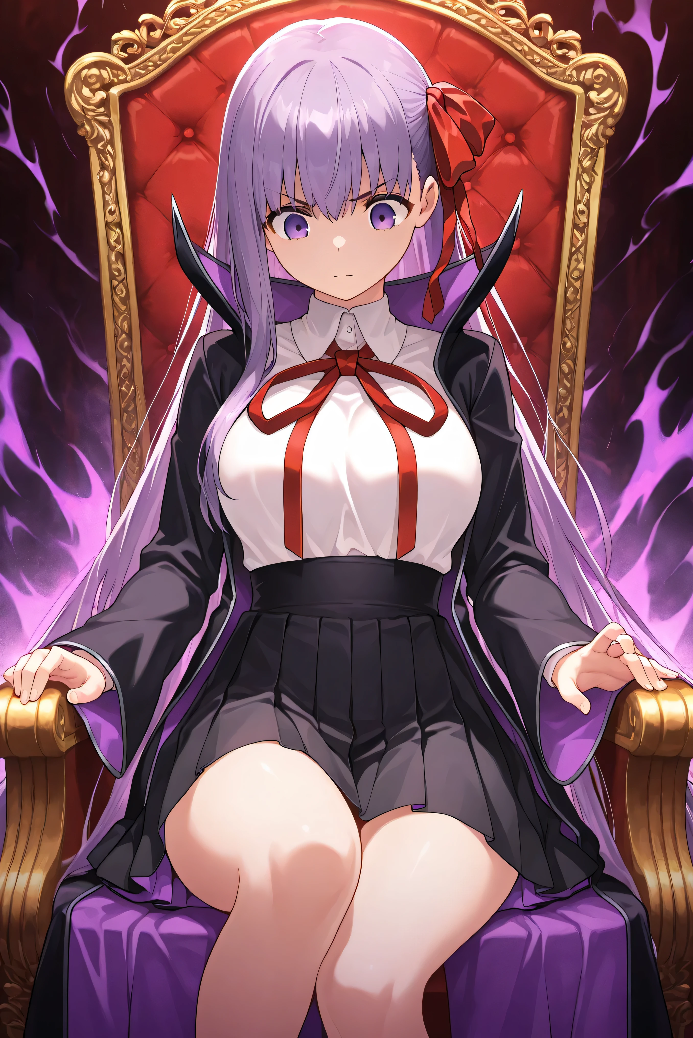 nsfw, (BEAUTIFUL GIRL : 1.3), (beautiful face and eyes with attention to detail),masterpiece,top quality,High Resolution,very detailed, 1girl,solo, glossy skin, bb, purple hair, long hair, bang,purple eyes, black jacket, black skirt, collared shirt, hair ribbon, high-waist skirt, jacket, long sleeve, neck ribbon, open clothes, open jacket, pleated skirt, red ribbon, ribbon, shirt, skirt, sleeve, white shirt, ワイドsleeve, 4K, Feet on the armrest of the throne, extend, Reach Out Your Hand, Hot Eyes, dark aura, solo, hole々 in this enchanting learning scene ,fog atmosphere, , Throne fused with sound equipment, High Angle, Look down, God's Point of View, Dramatic composition,