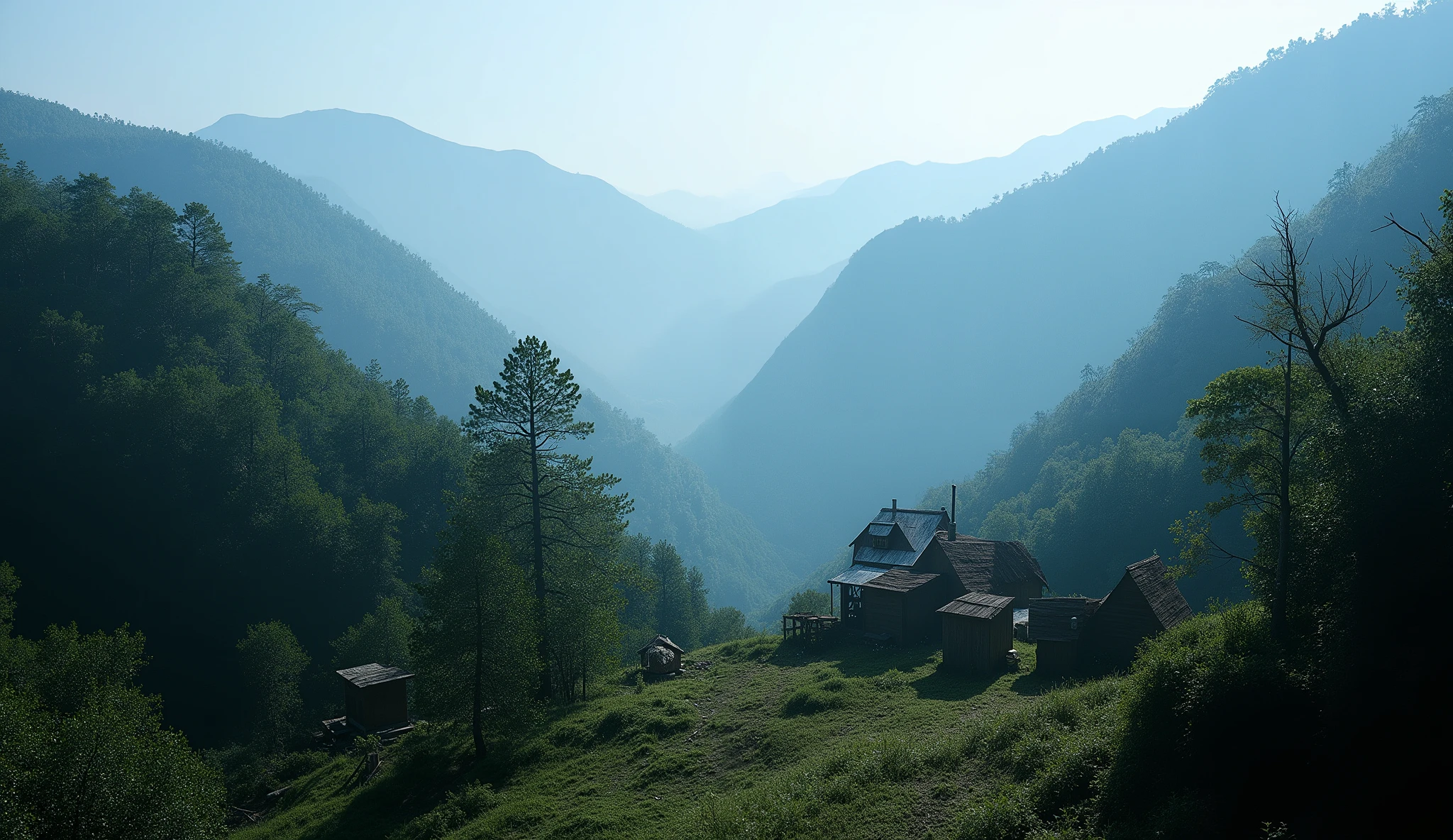 Create an atmospheric miniature of the Appalachian Mountains on a clear day, with dense forests, eerie silhouettes of huts, and cave entrances. Ultra-realistic 8K details, dramatic contrast, cinematic lighting, and clear readability on small screens. 
