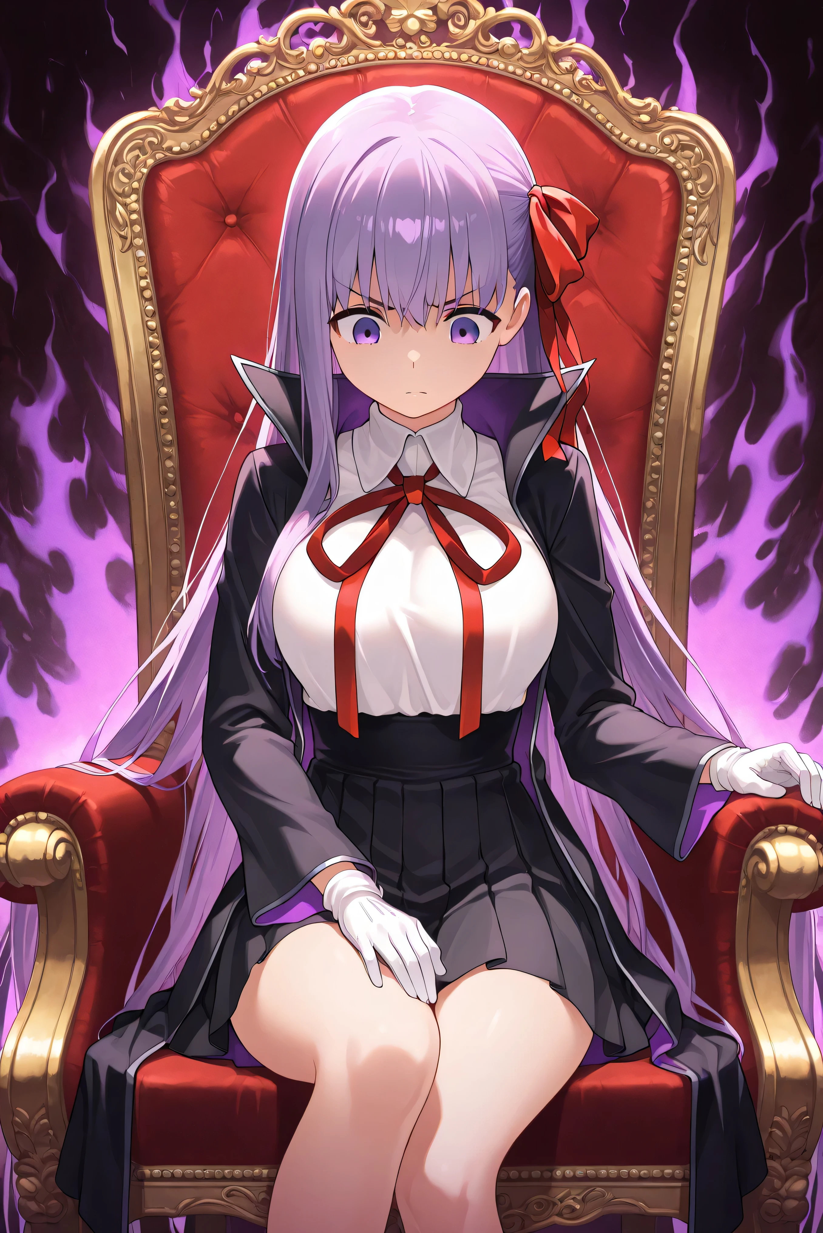 nsfw, (BEAUTIFUL GIRL : 1.3), (beautiful face and eyes with attention to detail),masterpiece,top quality,High Resolution,very detailed, 1girl,solo, glossy skin, bb, purple hair, long hair, bang,purple eyes, black jacket, black skirt, collared shirt, hair ribbon, high-waist skirt, jacket, long sleeve, neck ribbon, open clothes, open jacket, pleated skirt, red ribbon, ribbon, shirt, skirt, sleeve, white shirt, ワイドsleeve, 4K, Feet on the armrest of the throne, extend, Reach Out Your Hand, Hot Eyes, dark aura, solo, hole々 in this enchanting learning scene ,fog atmosphere, , Throne fused with sound equipment, High Angle, Look down, God's Point of View, Dramatic composition,