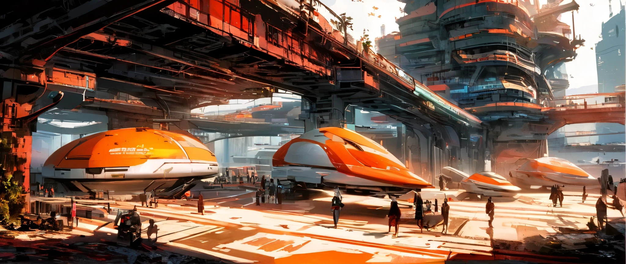 Create a sci-fi scene of a beautiful, futuristic, modern alien city with many beautiful, unusually shaped and complex tall buildings made of shiny glass with many industrial pipelines and overpasses for transportation traffic. Massive silver industrial pipes wind through the architecture and spread throughout the city. Several people are walking down the street. Several futuristic sci-fi hovercraft are parked on the street. Several different alien hovercrafts fly above the tall buildings. A hazy blue atmospheric haze fills the distant spaces between the many tall skyscrapers. Style: Painted in strong colors combined with an ink drawing with thicker and thinner black lines. Bold multi-color contrasts between warm and cool color tones create atmospheric depth. Use deep and strong blues for shadows. Textured brushwork adds grainy detail to architectural elements while maintaining a painterly quality. Atmospheric perspective, industrial decay, complementary contrast, cell shader, and painted anime.