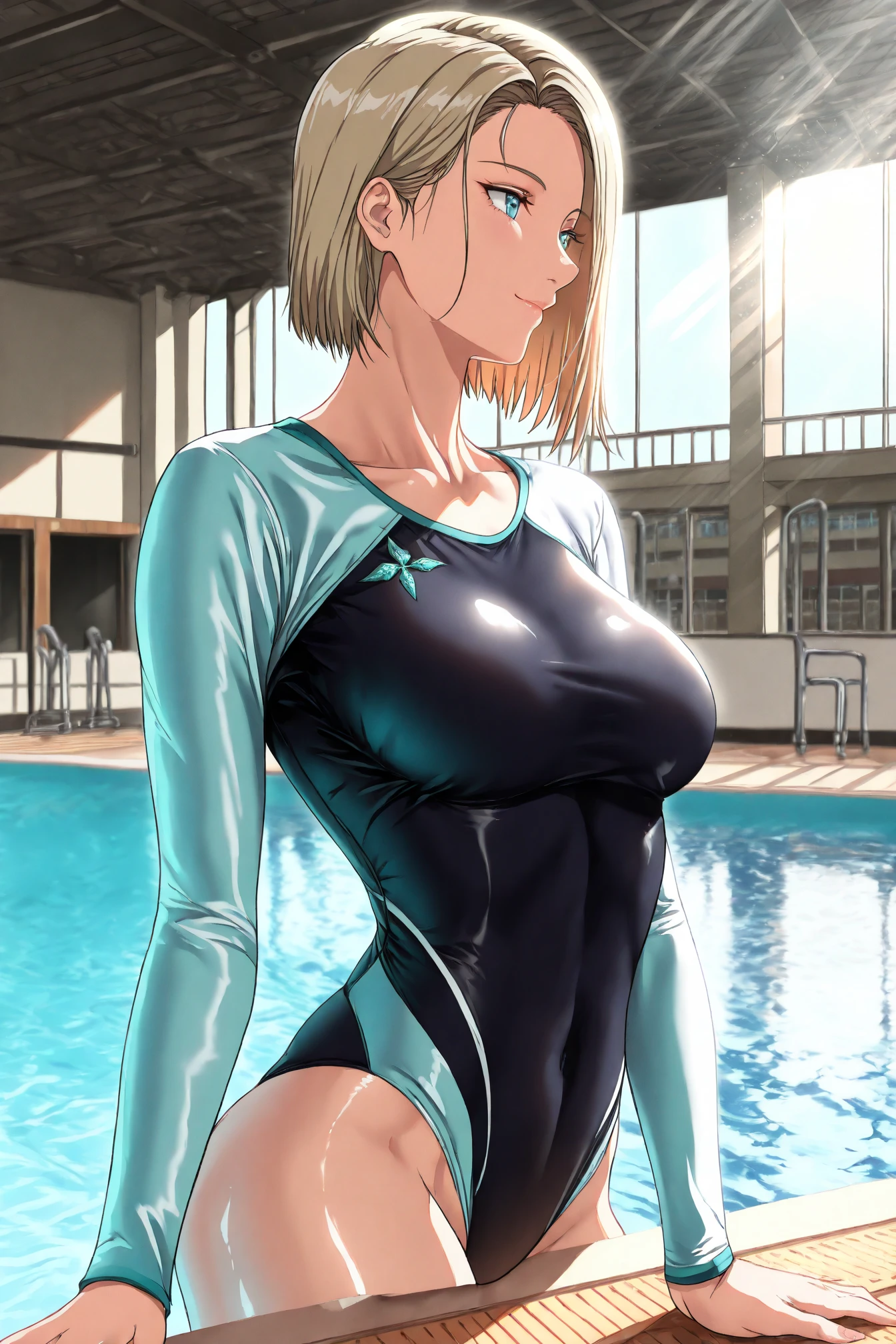 Blue school swimsuit、(masterpiece、Highest quality)、Highest quality, Ultra-high resolution, (((masterpiece))), alone, Sweat、Big eyes, Composition from the front、Shortcuts、Embarrassed face、Blonde、Cut your hair short、School swimming pool、short hair、 Line、Browsing Caution、Butt