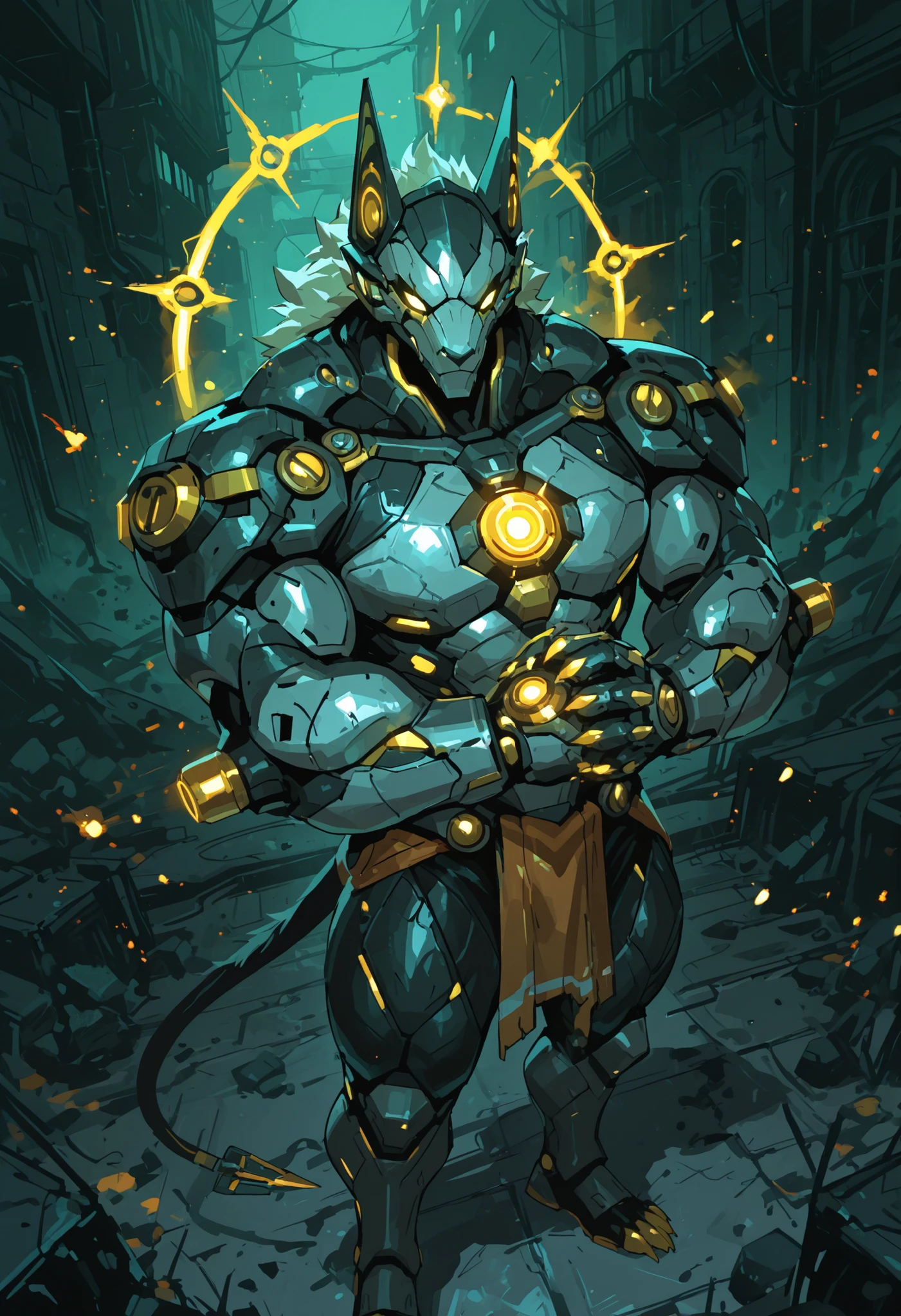 A towering, monstrous anthro jackal cyborg war machine stands in a dramatic, futuristic setting. The character exudes an aura of raw power and menace, with a balanced yet muscular physique, thick arms and legs, and a wide, bulky chest. His delicate face contrasts with his evil, faceless armored mask covering his snout, and his crimson glowing eyes pierce through the darkness. His body is a fusion of rubber goo texture and black steel scales, with muscle-shaped armor that highlights his intricate, detailed musculature.
The armor is futuristic, heavy, and evil-looking, designed like a warframe—black and menacing, with glowing LED accents and claws protruding from his hands. A single, massive tail sways behind him, adding to his imposing presence. His long, strong arms are crossed behind his back, and he levitates slightly above the ground, emphasizing his advanced, otherworldly nature.
The scene is set in an underground laboratory in ruins, surrounded by debris and scattered tech. The environment is extremely detailed, with dramatic lighting, shadows, and lens flares creating a cinematic, high-stakes atmosphere. The composition uses a Dutch angle for a dynamic, intense perspective.