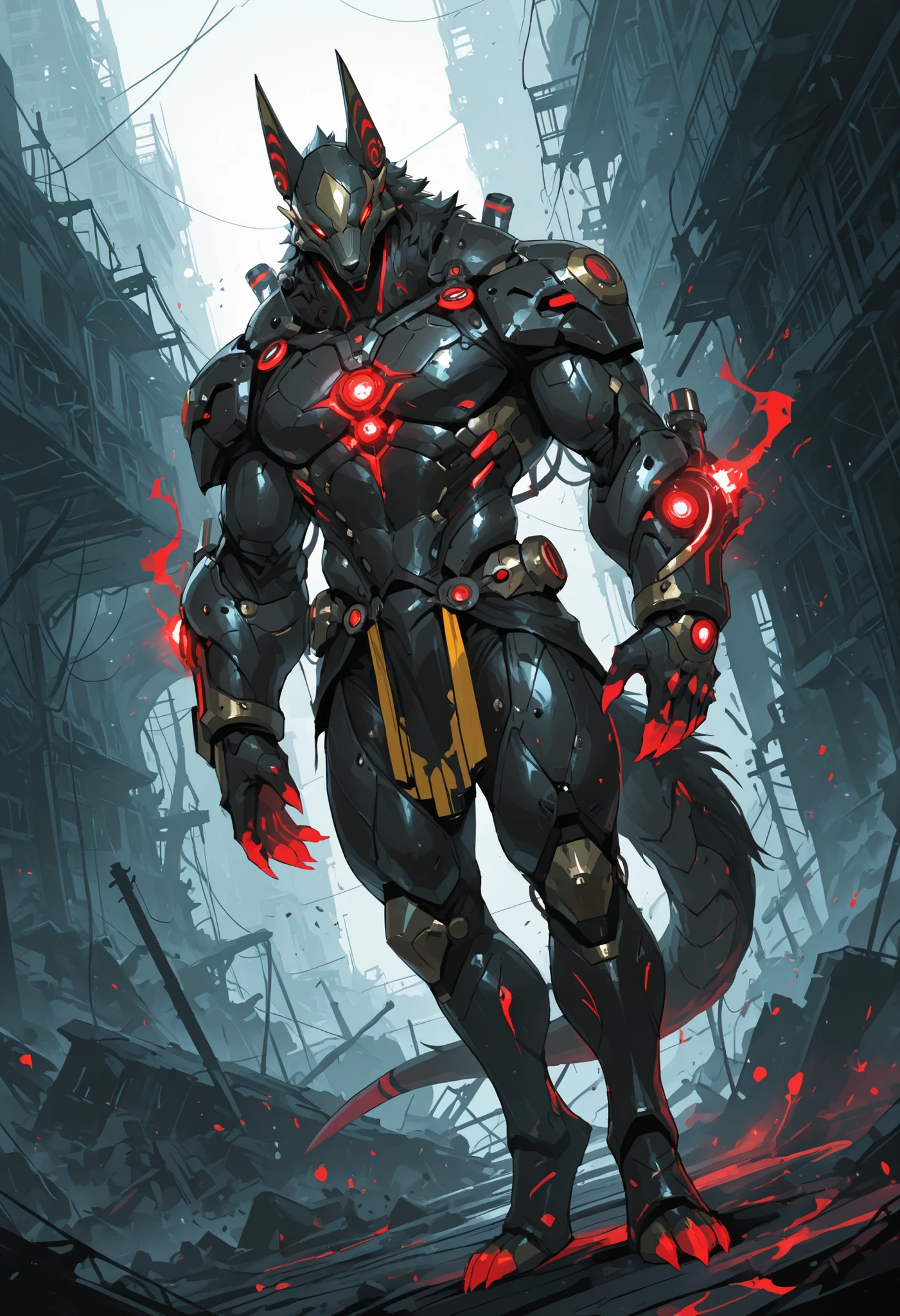 score_9, score_8_up, score_7_up, score_6_up, score_5_up, score_4_up, gigerworld, anthro jackal, heavy armor under the jacket, bulky, wide chest, monstrous, red glowing eyes, long hands, strong arms,
cybrog, anthro, jackal, male, full body, Muscle, Delicate face, Delicate eyes, 1 big tail, (glowing LED), energy, outdoors, rubber goo body, evil looking, crimson glowing eyes, black steel scales, black and evil armor, futuristic evil armor, heavy armor, snout-cover armored mask, faceless head, balanced physique, muscle-shaped armor, war machine, muscular physique, thick arms and legs, muscular texture and details on armor, claws, warframe, cyborg,
hands behind the back, levitating, advanced and stylish design, dutch angle, minute details, detailed background, newest, debris, ruins, underground laboratory, extremely detailed CG unity 8k wallpaper, realistic, masterpiece, highest quality, realistic, masterpiece, highest quality, lens flare, unreal engine, trending on ArtStation, Intricate, High Detail, dramatic, realism, beautiful and detailed lighting, shadows