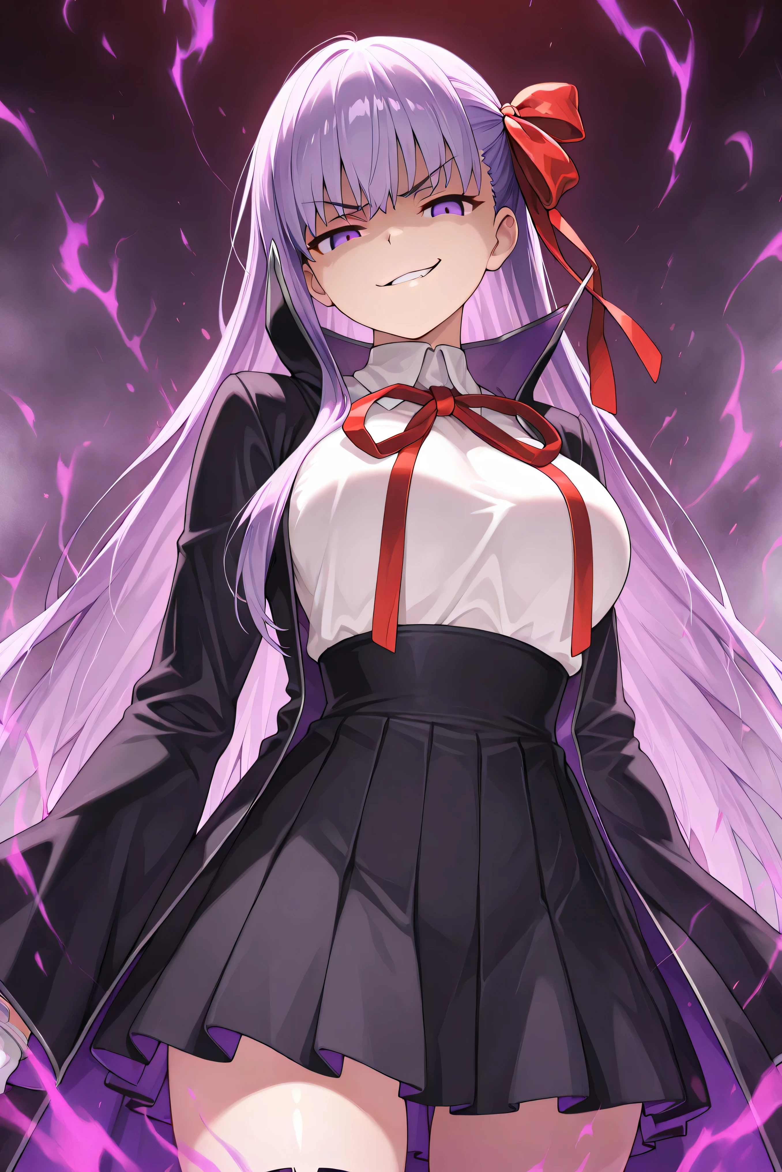 nsfw, (BEAUTIFUL GIRL : 1.3), (beautiful face and eyes with attention to detail),masterpiece,top quality,High Resolution,very detailed, 1girl,solo, glossy skin, bb, purple hair, long hair, bang,purple eyes, black jacket, black skirt, collared shirt, hair ribbon, high-waist skirt, jacket, long sleeve, neck ribbon, open clothes, open jacket, pleated skirt, red ribbon, ribbon, shirt, skirt, sleeve, white shirt, ワイドsleeve, 4K, thighihigh socks, Hot Eyes, dark aura, solo, hole々 in this enchanting learning scene ,fog atmosphere, , , , Look down, God's Point of View, Dramatic composition,(smirk:1.5)