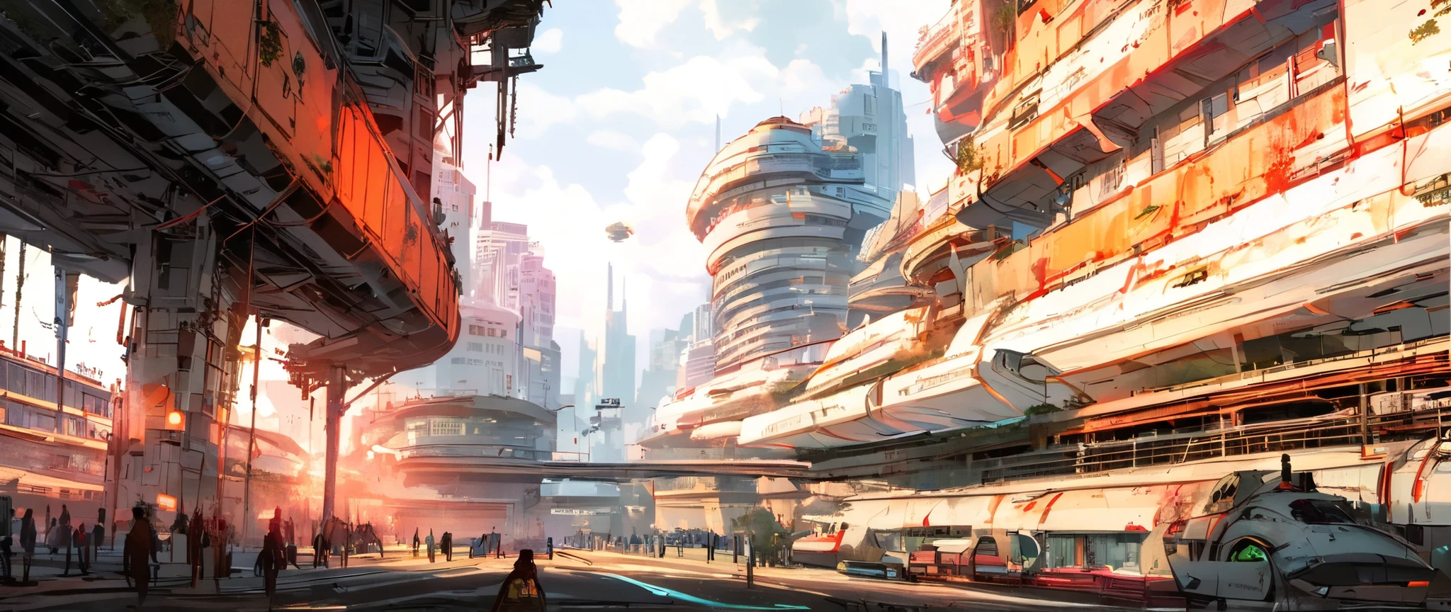 Create a sci-fi scene of a beautiful, futuristic, modern alien city with many beautiful, unusually shaped and complex tall buildings made of shiny glass with many industrial pipelines and overpasses for transportation traffic. Massive silver industrial pipes wind through the architecture and spread throughout the city. Several people are walking down the street. Several futuristic sci-fi hovercraft are parked on the street. Several different alien hovercrafts fly above the tall buildings. A hazy blue atmospheric haze fills the distant spaces between the many tall skyscrapers. Style: Painted in strong colors combined with an ink drawing with thicker and thinner black lines. Bold multi-color contrasts between warm and cool color tones create atmospheric depth. Use deep and strong blues for shadows. Textured brushwork adds grainy detail to architectural elements while maintaining a painterly quality. Atmospheric perspective, industrial decay, complementary contrast, cell shader, and painted anime.