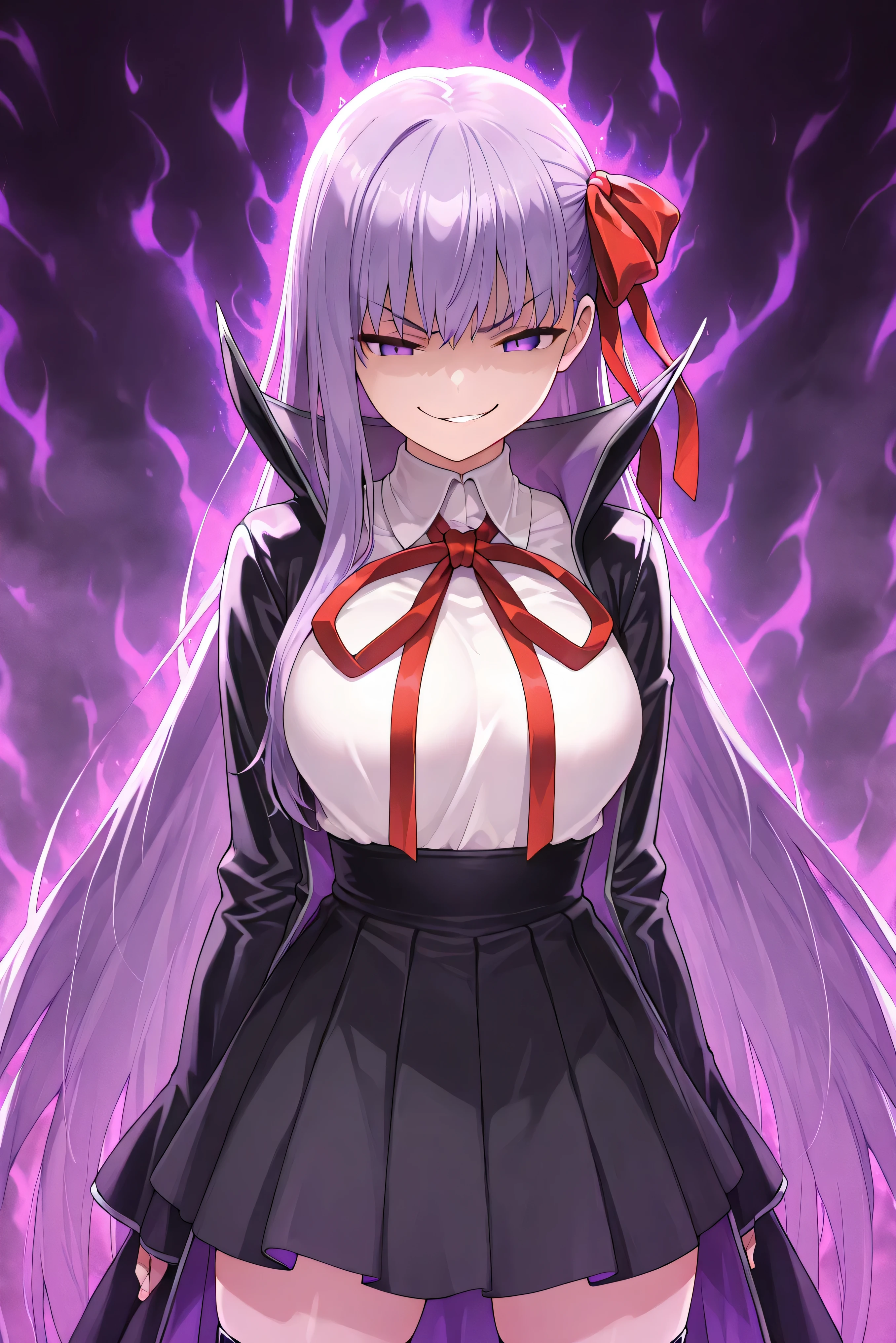 nsfw, (BEAUTIFUL GIRL : 1.3), (beautiful face and eyes with attention to detail),masterpiece,top quality,High Resolution,very detailed, 1girl,solo, glossy skin, bb, purple hair, long hair, bang,purple eyes, black jacket, black skirt, collared shirt, hair ribbon, high-waist skirt, jacket, long sleeve, neck ribbon, open clothes, open jacket, pleated skirt, red ribbon, ribbon, shirt, skirt, sleeve, white shirt, ワイドsleeve, 4K,latex thighihigh socks, Hot Eyes, dark aura, solo, hole々 in this enchanting learning scene ,fog atmosphere, , , , Look down, God's Point of View, Dramatic composition,(smirk:1.5)