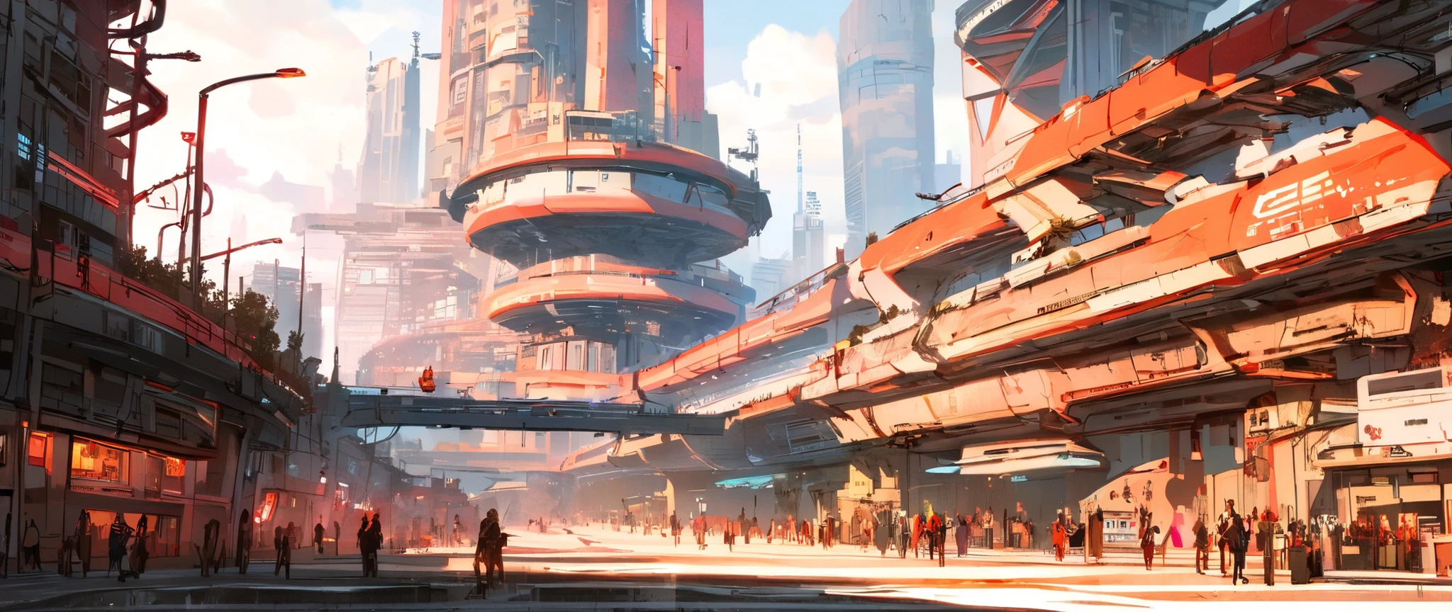 Create a sci-fi scene of a beautiful, futuristic, modern alien city with many beautiful, unusually shaped and complex tall buildings made of shiny glass with many industrial pipelines and overpasses for transportation traffic. Massive silver industrial pipes wind through the architecture and spread throughout the city. Several people are walking down the street. Several futuristic sci-fi hovercraft are parked on the street. Several different alien hovercrafts fly above the tall buildings. A hazy blue atmospheric haze fills the distant spaces between the many tall skyscrapers. Style: Painted in strong colors combined with an ink drawing with thicker and thinner black lines. Bold multi-color contrasts between warm and cool color tones create atmospheric depth. Use deep and strong blues for shadows. Textured brushwork adds grainy detail to architectural elements while maintaining a painterly quality. Atmospheric perspective, industrial decay, complementary contrast, cell shader, and painted anime.