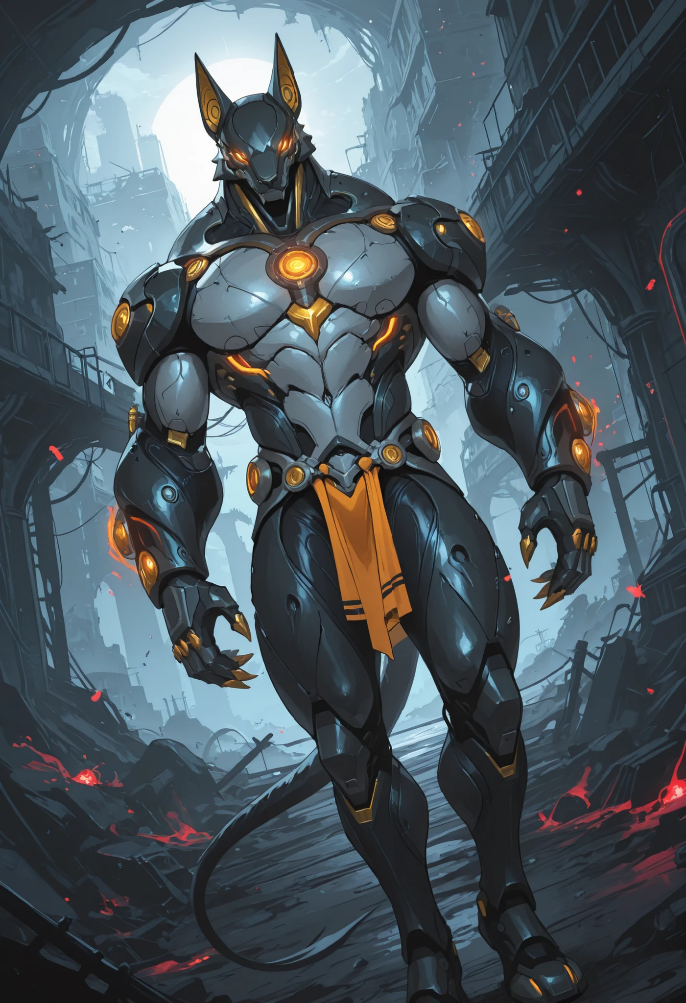 score_9, score_8_up, score_7_up, score_6_up, score_5_up, score_4_up, gigerworld, anthro jackal, heavy armor under the jacket, bulky, wide chest, monstrous, red glowing eyes, long hands, strong arms,
cybrog, anthro, jackal, male, full body, Muscle, Delicate face, Delicate eyes, 1 big tail, (glowing LED), energy, outdoors, rubber goo body, evil looking, crimson glowing eyes, black steel scales, black and evil armor, futuristic evil armor, heavy armor, snout-cover armored mask, faceless head, balanced physique, muscle-shaped armor, war machine, muscular physique, thick arms and legs, muscular texture and details on armor, claws, warframe, cyborg,
hands behind the back, levitating, advanced and stylish design, dutch angle, minute details, detailed background, newest, debris, ruins, underground laboratory, extremely detailed CG unity 8k wallpaper, realistic, masterpiece, highest quality, realistic, masterpiece, highest quality, lens flare, unreal engine, trending on ArtStation, Intricate, High Detail, dramatic, realism, beautiful and detailed lighting, shadows