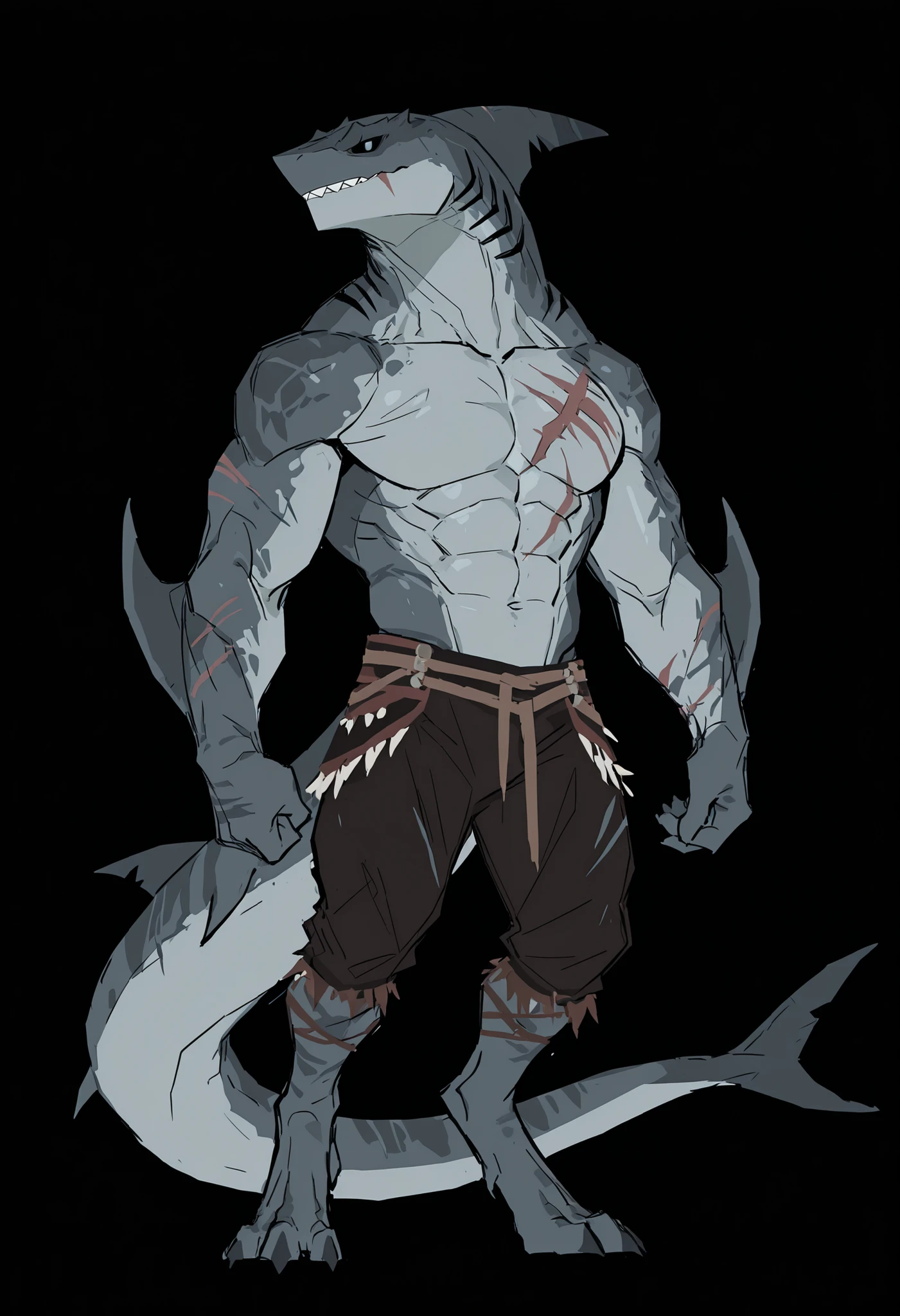 sharkman, anthro megalodon, solo, dnd, lizard shark hybrid, anthro, barbarian, detailed scalie skin, dark detailed eyes, fins on arms, gray color body, digitigrade legs, proporcional body, wide chest, old scars, abs, wearing dark pants, marked jaw, 3 toes, strong shark tail, dorsal fin on spine, best quality, sketch, ultra-detailed, detailed illustration of 4K horror, simple dark background