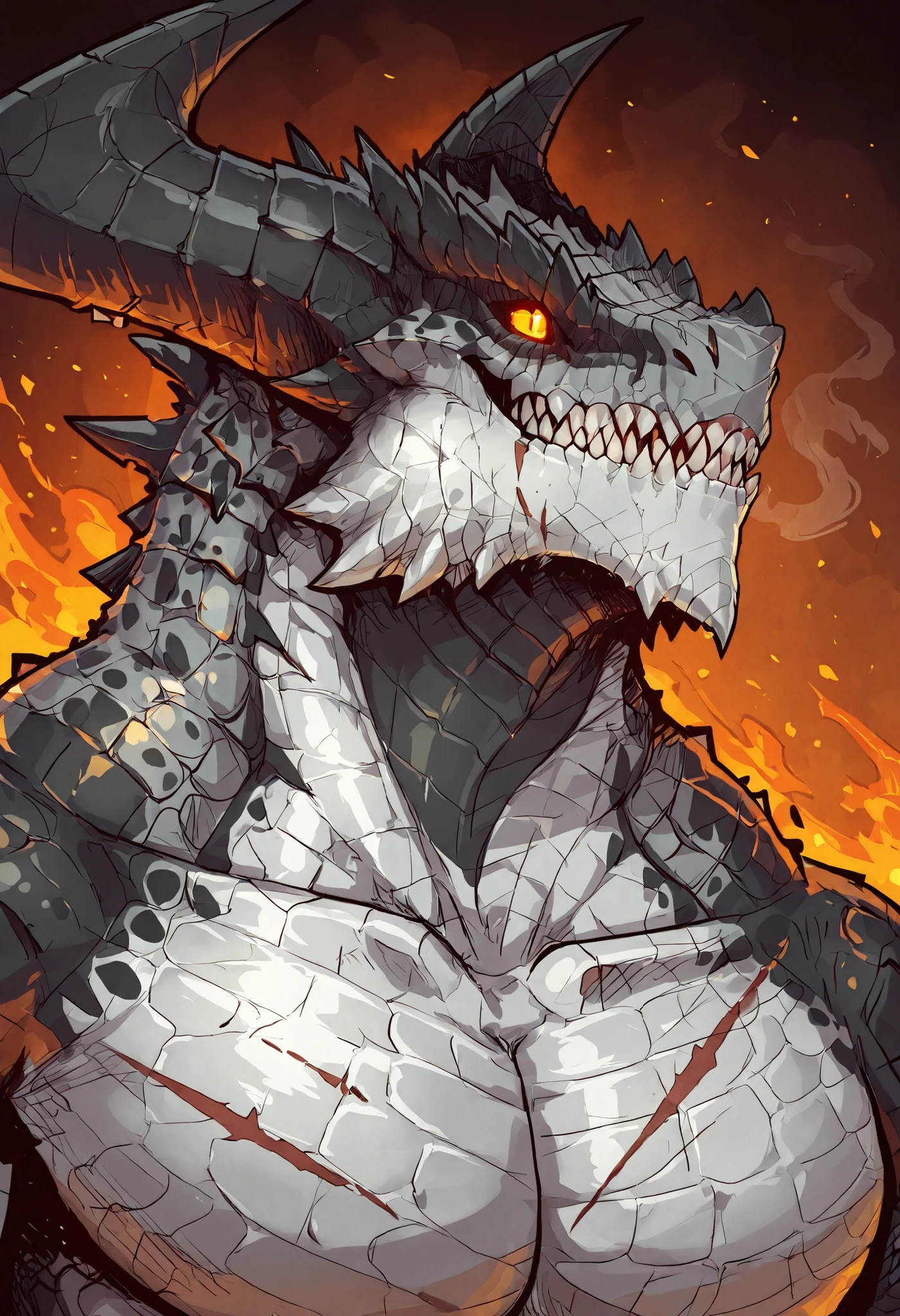 1male, solo, anthro, lizardfolk, anthro dragon lizard, solo, portrait, scaly, detailed scales, experienced predator, monstrous dragon, mercenary, grin, black scales, matte body, torso is well-defined and muscular, body robust and powerful, massive arms, detailed scales, scars on body and head, thick neck, powerful pose, massive horns, marked defined jaw, pike jaw, strong upper body, pecs, scaly, darkness, horror, best quality, 4k, ultra-detailed, full body