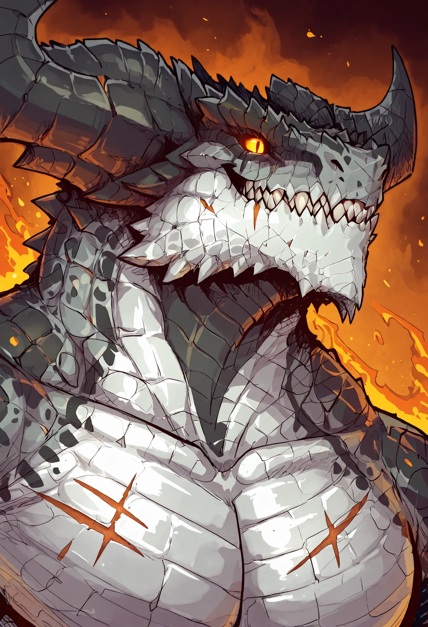 1male, solo, anthro, lizardfolk, anthro dragon lizard, solo, portrait, scaly, detailed scales, experienced predator, monstrous dragon, mercenary, grin, black scales, matte body, torso is well-defined and muscular, body robust and powerful, massive arms, detailed scales, scars on body and head, thick neck, powerful pose, massive horns, marked defined jaw, pike jaw, strong upper body, pecs, scaly, darkness, horror, best quality, 4k, ultra-detailed, full body