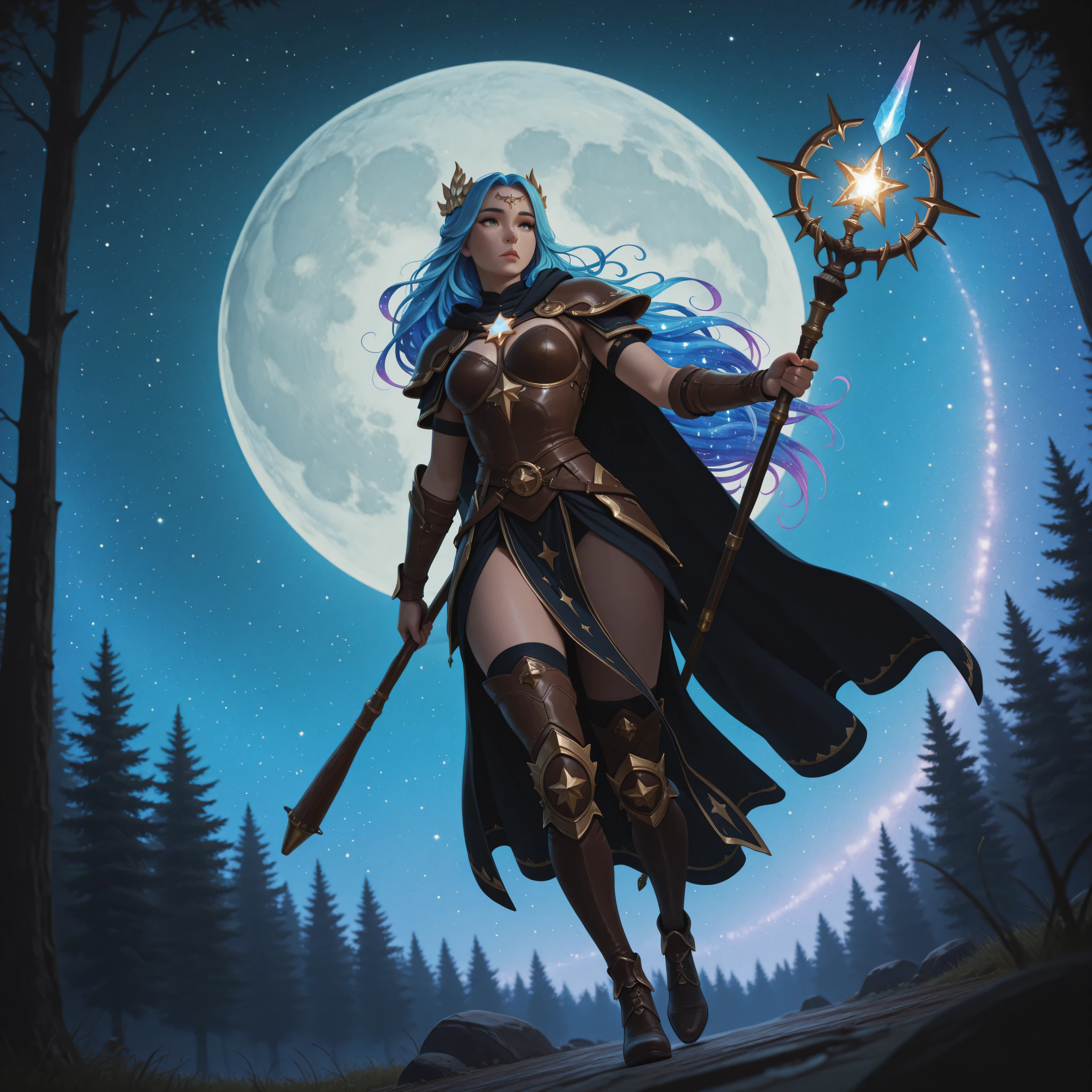 aidmaMJ6.1,Cinematic Shot,Cinematic,Film Still,Movie Still,masterpiece, best quality, very aesthetic, absurdres,,female human druid of the stars, guardian of nature, controlling magical energy made of stars, swirling blue stary magical light, divine symbols high details, dynamic angle, human female, extremally beautiful, ultra feminine, dynamic hair, dynamic hair color, wearing leather armor , holding a staff, moon light, stars, dynamic natural background, RPG art, magical atmosphere magic-fantasy-forest, dnd art, rpg art ultra best realistic, best details, best quality, 16k, masterpiece, best quality, (extremely detailed), photorealism, depth of field, hyper realistic painting, ultra wide shot, , realistic art ,