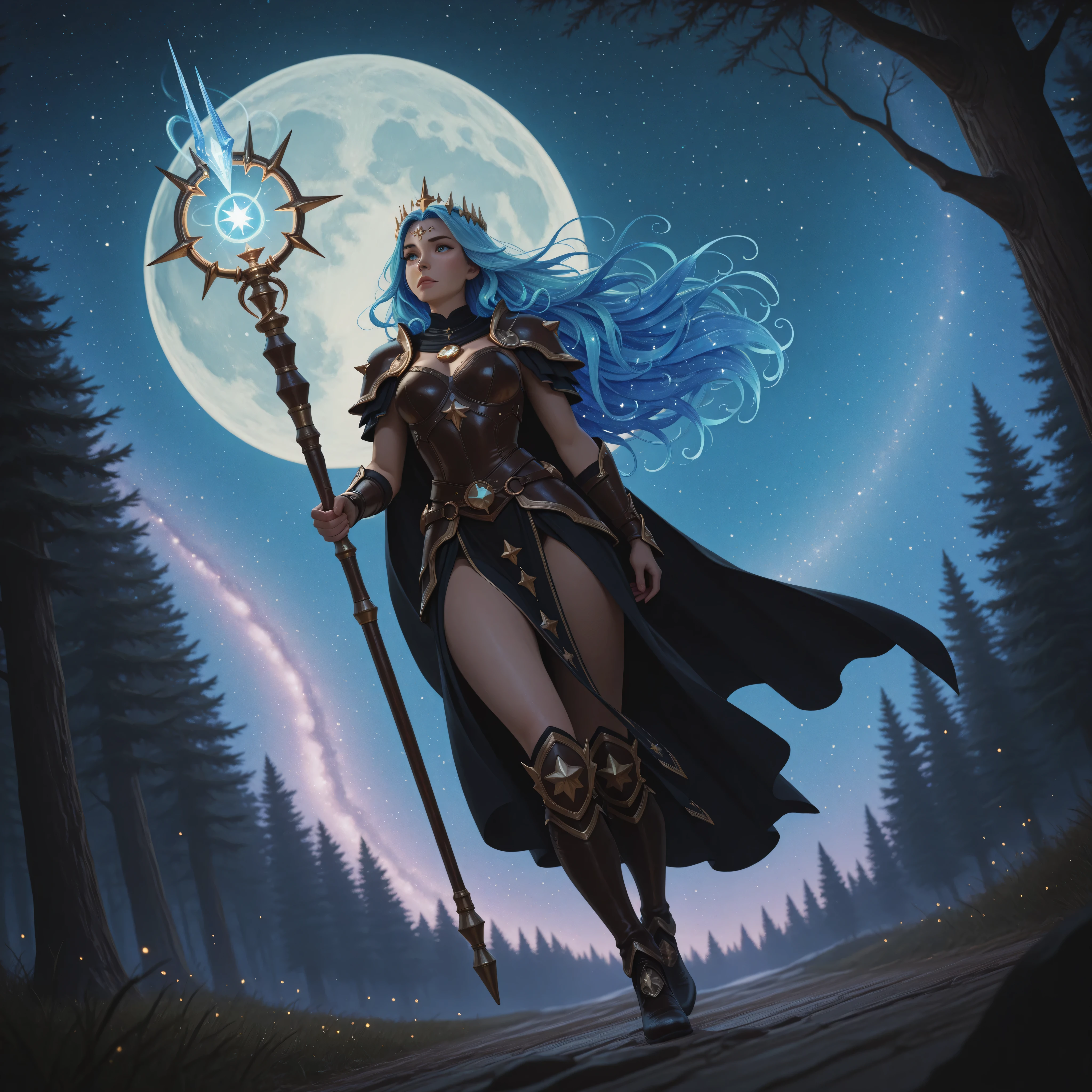 aidmaMJ6.1,Cinematic Shot,Cinematic,Film Still,Movie Still,masterpiece, best quality, very aesthetic, absurdres,,female human druid of the stars, guardian of nature, controlling magical energy made of stars, swirling blue stary magical light, divine symbols high details, dynamic angle, human female, extremally beautiful, ultra feminine, dynamic hair, dynamic hair color, wearing leather armor , holding a staff, moon light, stars, dynamic natural background, RPG art, magical atmosphere magic-fantasy-forest, dnd art, rpg art ultra best realistic, best details, best quality, 16k, masterpiece, best quality, (extremely detailed), photorealism, depth of field, hyper realistic painting, ultra wide shot, , realistic art ,