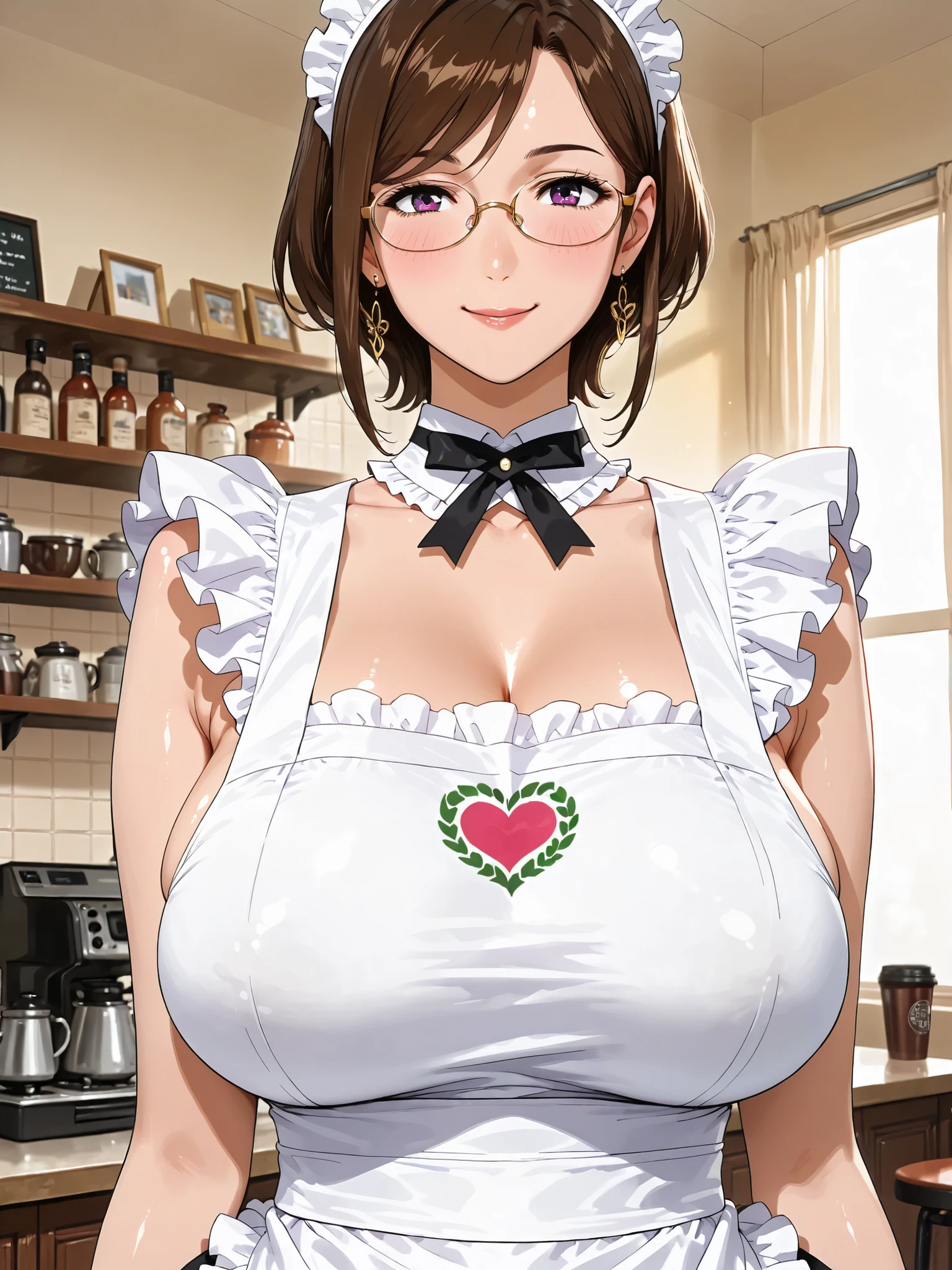 solo, tomoe (accelerando), purple eyes, brown hair, short hair, glasses, mature woman, Tight waist、Small waist、shiny Skin , (upper body), sexy, (adult woman, 25+), score_9, score_8_up, score_7_up, source_anime,(extremely detailed CG), (best quality),  A cute and flirty coffee shop waitress wearing a slightly revealing and stylish outfit, such as a short frilly maid uniform with thigh-high stockings and a playful smile. She is serving coffee in a cozy, vintage-style café filled with warm lighting and pastel-colored decor. Her outfit is tastefully sexy but still charming and classy, with heart-shaped accessories and a small frilly apron. The atmosphere is welcoming and cheerful. slightly pregnant,Huge breasts, Extra thin waist