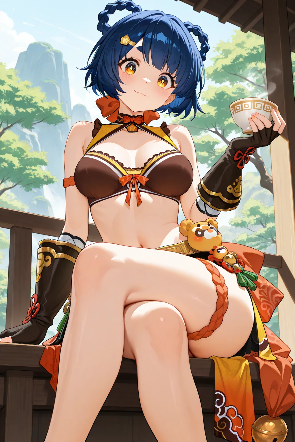 girl, solo, full body, from head to toe, (????????????:1.3),

A breathtakingly beautiful garden filled with vibrant flowers, lush green plants, The air is filled with the sweet scent of blooming flowers, and rays of golden sunlight gently filter through the leaves, creating a magical atmosphere, 

xiangling \(genshin impact\),1girl,blue hair, short hair, thick eyebrows, hairclip, hair rings, braid, yellow eyes, bow, glove,chinese clothes, sleeveless, ???? shoulders, pelvic curtain, belt,