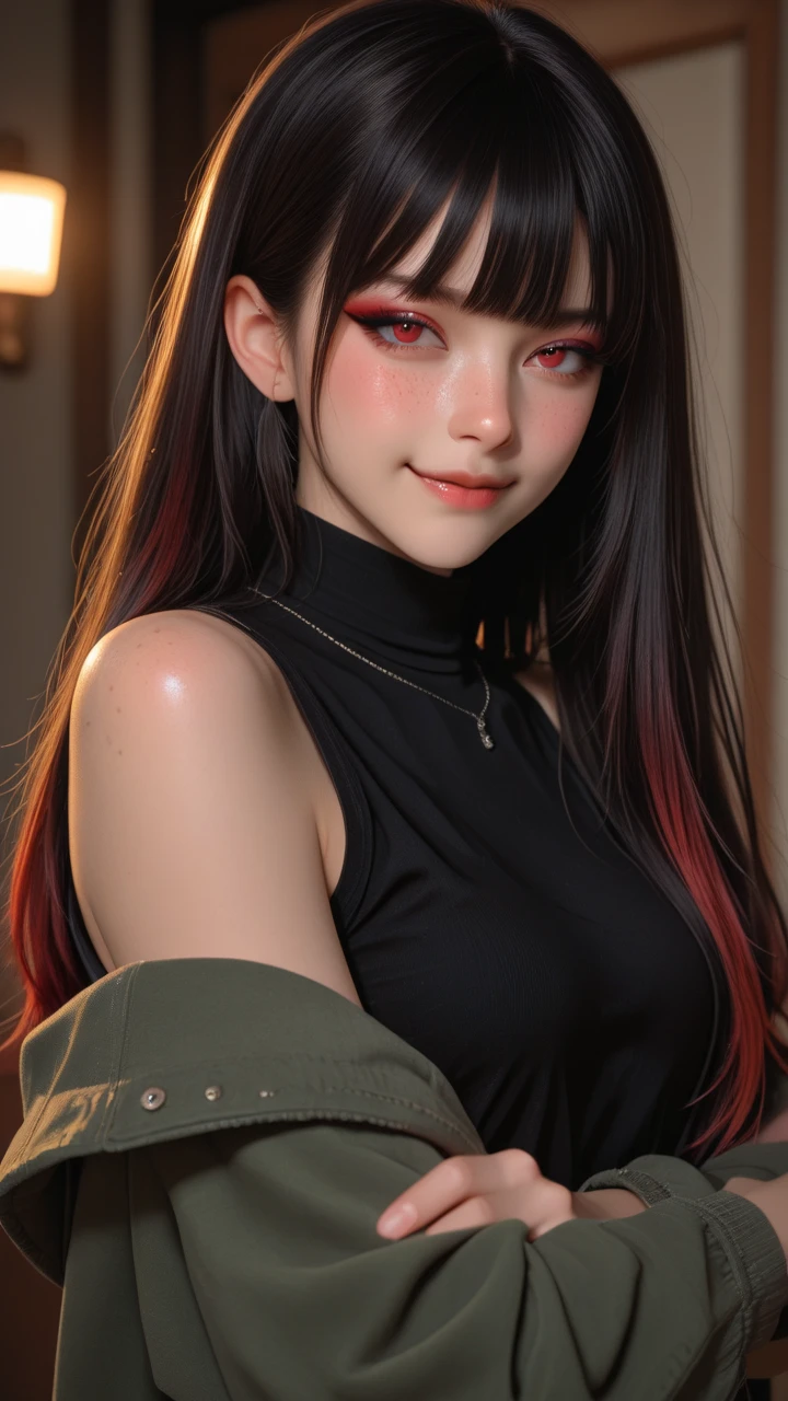 (Safety Sensor、sfw:1.8, Approved as safe、Can be viewed:1.8),masterpiece、masterpiece、highest quality、highest quality、Accurate the human body、Lighting to suit the mood、Accurate、Elaborate、masterpiece、Exquisite  detail、Detailed Background、Background Blur、Detailed and beautiful background、Accurate 5-finger、Accurate human body、The perfect human body、
break、

(Straight long Black hair、Heavy bangs、White skin、Super big boobs:1.5、nightlife:1.8, night:1.6, Dim lighting:1.8, jirai girl:1.5, jirai makeup:1.2), Open Doorway:1.8、 Side zip off-the-shoulder sweater、:1.5,Vulgar Grin:1.8, Mesgaquismiles:1.8、 provocative girl:1.8、Downtown at night、Big city、A street corner in the red light district at night、crowd:1.8