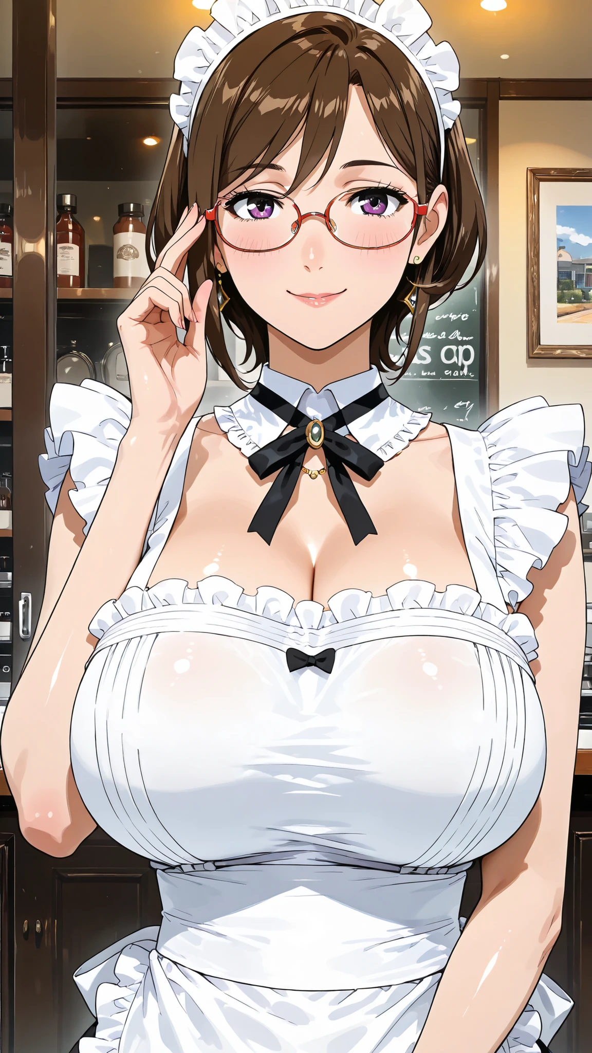 solo, tomoe (accelerando), purple eyes, brown hair, short hair, glasses, mature woman, Tight waist、Small waist、shiny Skin , (upper body), sexy, (adult woman, 25+), score_9, score_8_up, score_7_up, source_anime,(extremely detailed CG), (best quality),  A cute and flirty coffee shop waitress wearing a slightly revealing and stylish outfit, such as a short frilly maid uniform with thigh-high stockings and a playful smile. She is serving coffee in a cozy, vintage-style café filled with warm lighting and pastel-colored decor. Her outfit is tastefully sexy but still charming and classy, with heart-shaped accessories and a small frilly apron. The atmosphere is welcoming and cheerful. slightly pregnant,Huge breasts, Extra thin waist
