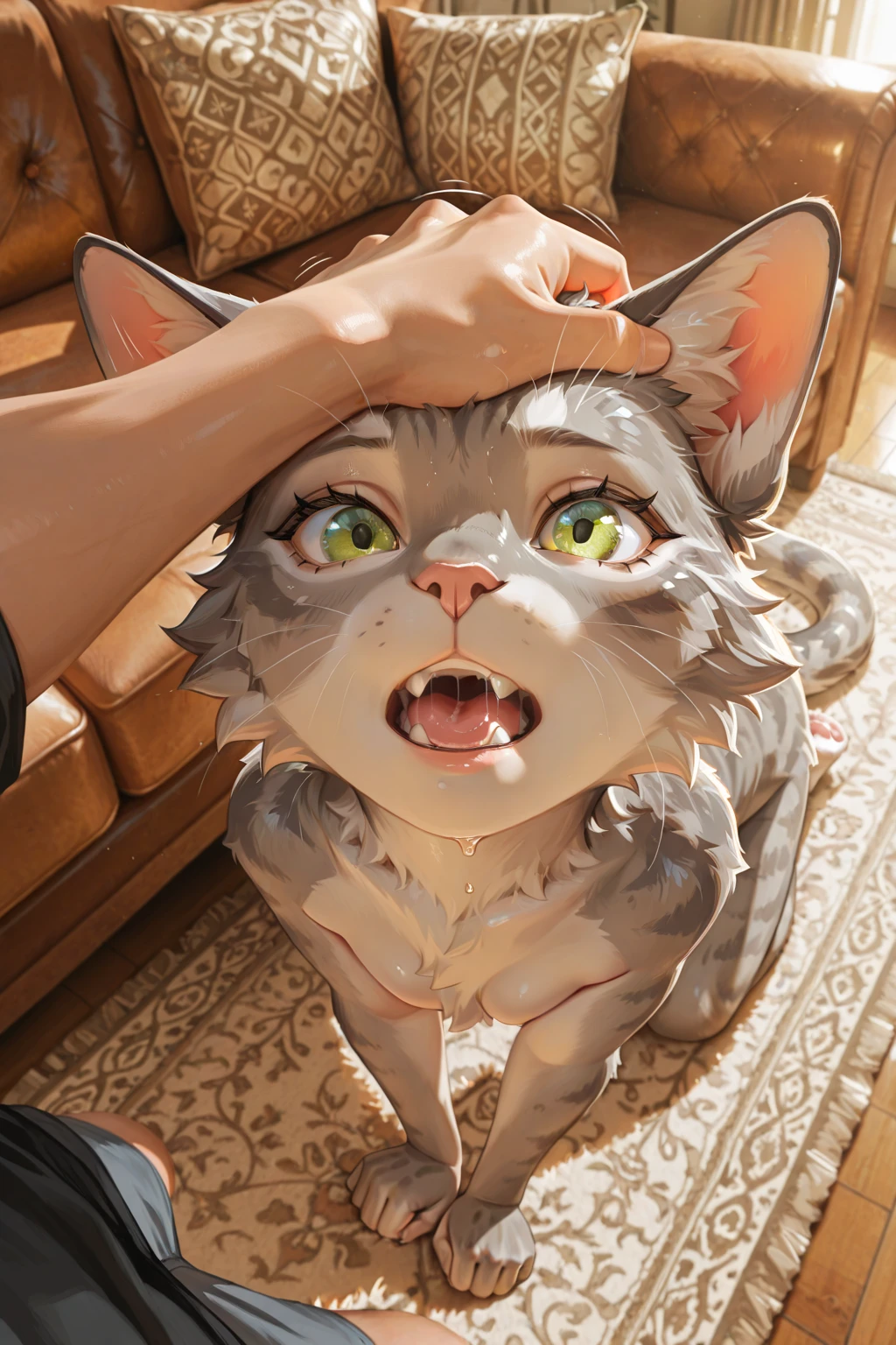 art by tsukune minaga, by dagasi, by kenket, by totesfleisch8, (by thebigslick, by silverfox5213:0.8), (by syuro:0.2), (Top quality, highly detailed, Ultra HD, 16k:1.5), (Calico cat, vulgarity, , Leaning forward open arms for viewer:1.3), looking down,  out, Fangs, Saliva, heavy breathing, , claws, ( , dripping , make  :1.3), ( with a human man,  , , Deep  insertion:1.3), (Viewer = Human, Detailed veiny ),

living room, Detailed Background