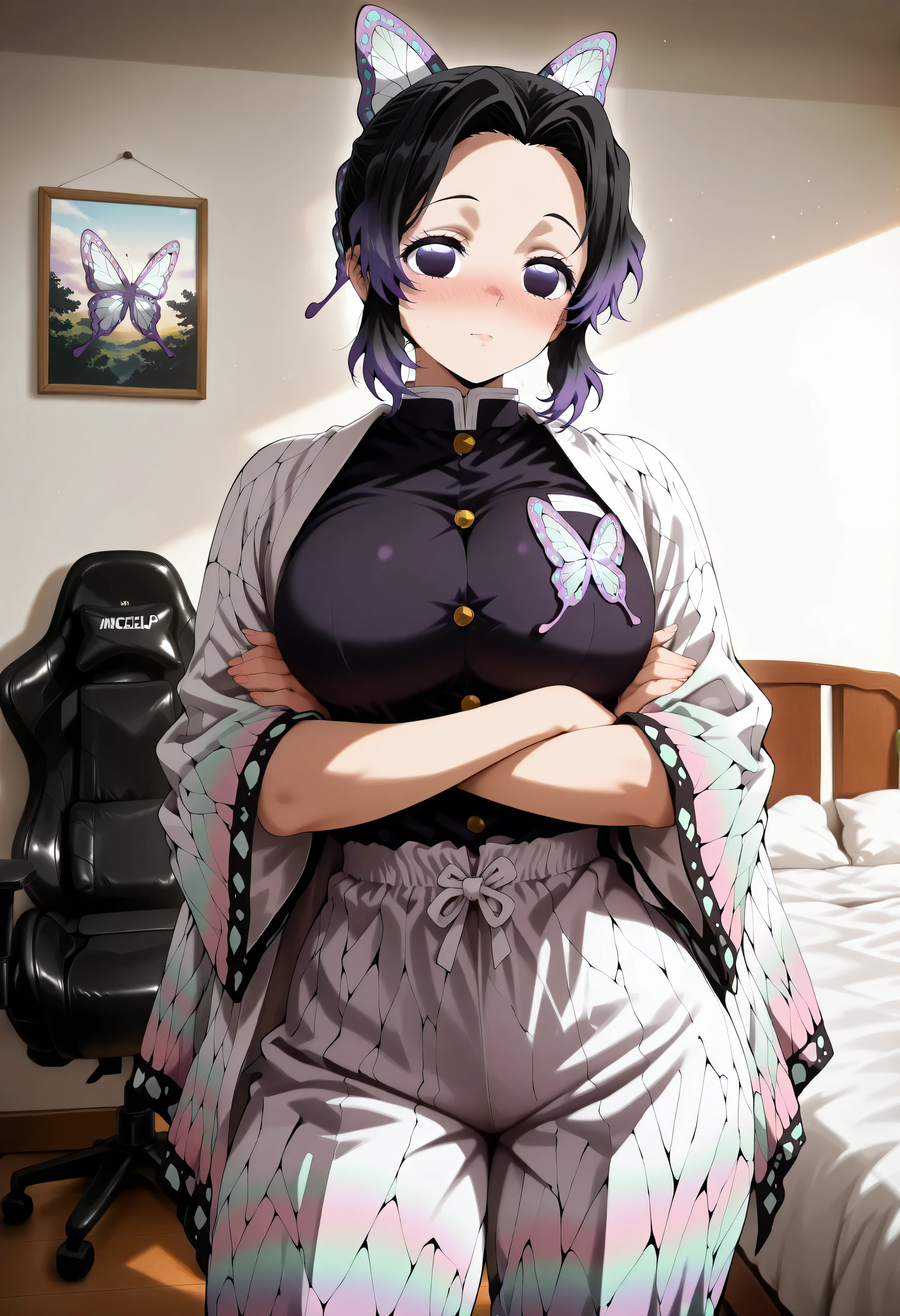 score_9, score_8_up, score_7_up, score_6_up, score_5_up, score_4_up, masterpiece, high quality, shiny skin, shiny hair, shiny body, clear body, large breasts, nose blush, nice legs, standing, nice legs, posing, SFW, looking at viewer, thick thigh, thick thighs, nice face, large breasts, solo, bedroom, posing, pose, contrapposto, detailed bedroom, bed, gaming chair, gaming pc, pants, pants, fully pants, ht_pajamas,laces, crossed arms, 1girl, shinobu kochou, animal print, black hair, butterfly, butterfly hair ornament, butterfly print, forehead, gradient hair, hair ornament, haori, multicolored hair, parted bangs, purple hair, short hair, two-tone hair, 