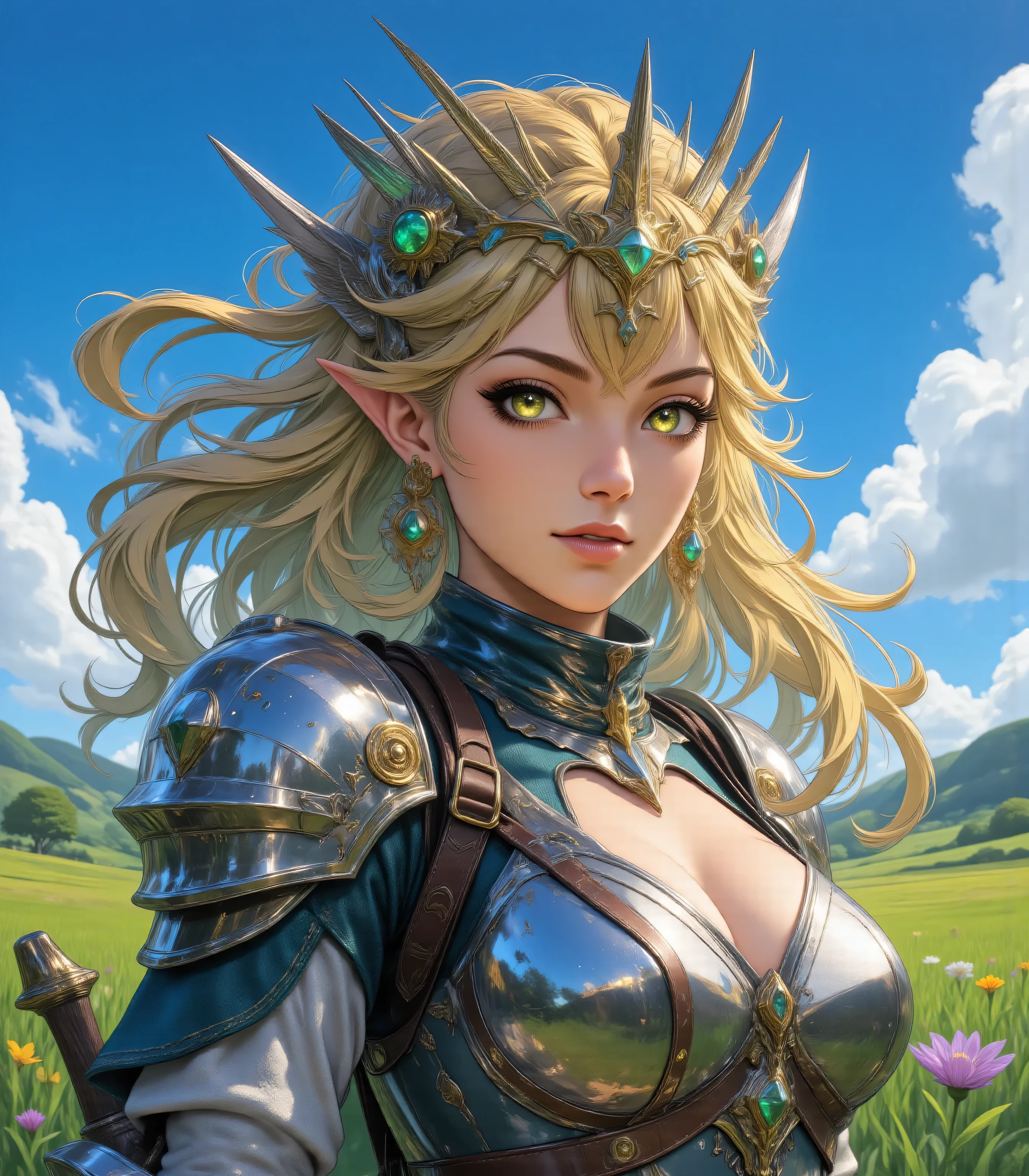 a wide angle, a wallpaper of an elf knight, princess knight, shinning knight, ready for battle , female elf , ultra detailed face, ultra feminine, fair skin, exquisite beauty, gold hair, long hair, wavy hair, small pointed ears, dynamic eyes color, wearing heavy mech armor, shinning metal, armed with elven sword , green meadows, blue skies background and some clouds background depth of field high details, best quality, 16k, masterpiece, best quality, (extremely detailed), full body, ultra wide shot, photorealistic, fantasy art, dnd art, rpg art, realistic art, (intricate details, Masterpiece, best quality: 1.5), full body (intricate details, Masterpiece, best quality: 1.5), high details, best quality, highres, ultra wide angle