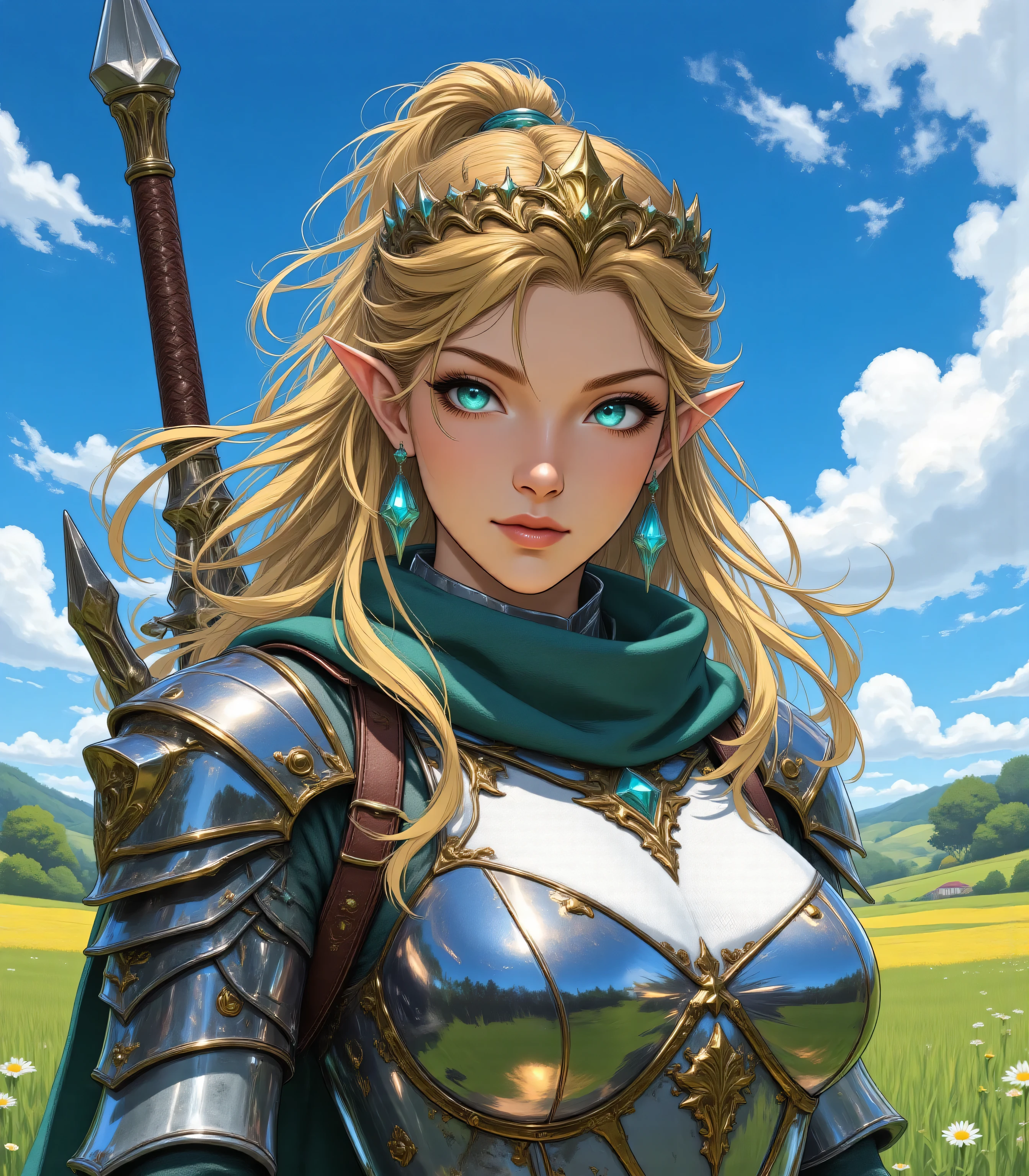 a wide angle, a wallpaper of an elf knight, princess knight, shinning knight, ready for battle , female elf , ultra detailed face, ultra feminine, fair skin, exquisite beauty, gold hair, long hair, wavy hair, small pointed ears, dynamic eyes color, wearing heavy mech armor, shinning metal, armed with elven sword , green meadows, blue skies background and some clouds background depth of field high details, best quality, 16k, masterpiece, best quality, (extremely detailed), full body, ultra wide shot, photorealistic, fantasy art, dnd art, rpg art, realistic art, full body , high details, best quality, highres, ultra wide angle