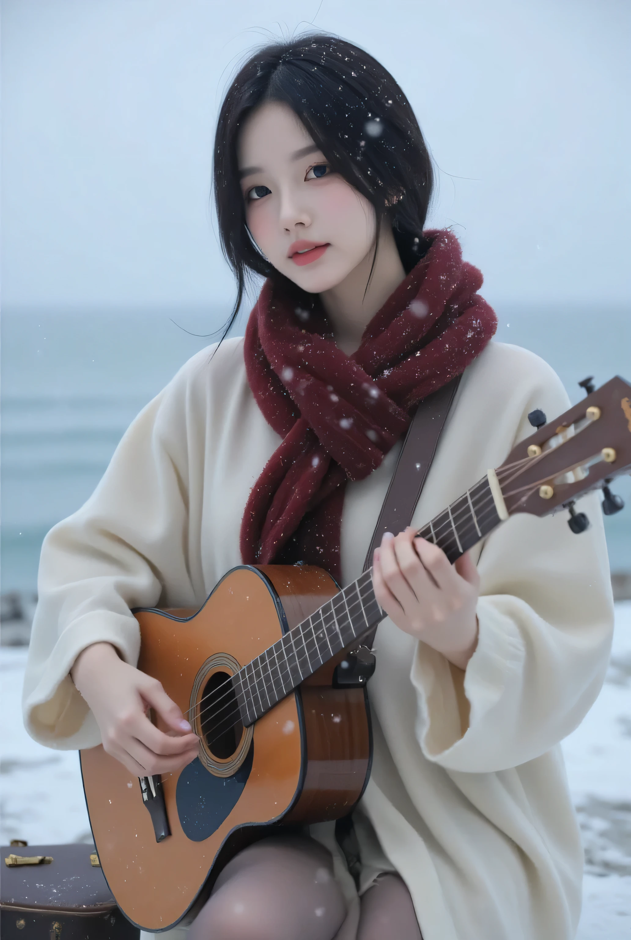 Realism style, cinematic atmosphere.
Half-body shot with low-angle perspective, capturing the singer-songwriter girl against the snowy seaside horizon.
Face: youthful, elegant, pure K-pop female, chic yet serene expression.
Hairstyle: long black hair flowing naturally, swaying gently in the winter wind.
Outfit: loose-fit thick cream-colored sweater, long skirt suitable for winter, cozy and pastoral.
Accessories: worn-out acoustic guitar held in her hands, old guitar case nearby, red furry scarf wrapped around her neck, fingerless wool gloves.
Scene: the girl strums her guitar passionately while singing, lips and facial expressions clearly visible for lip-sync emphasis.
Background: winter sea under snowfall, countless snowflakes filling the frame with deep focus, falling like a galaxy pouring into the ocean.
Mood: overwhelming sense of wonder and emotion, pastoral simplicity combined with musical genius, tension and tranquility in harmony.