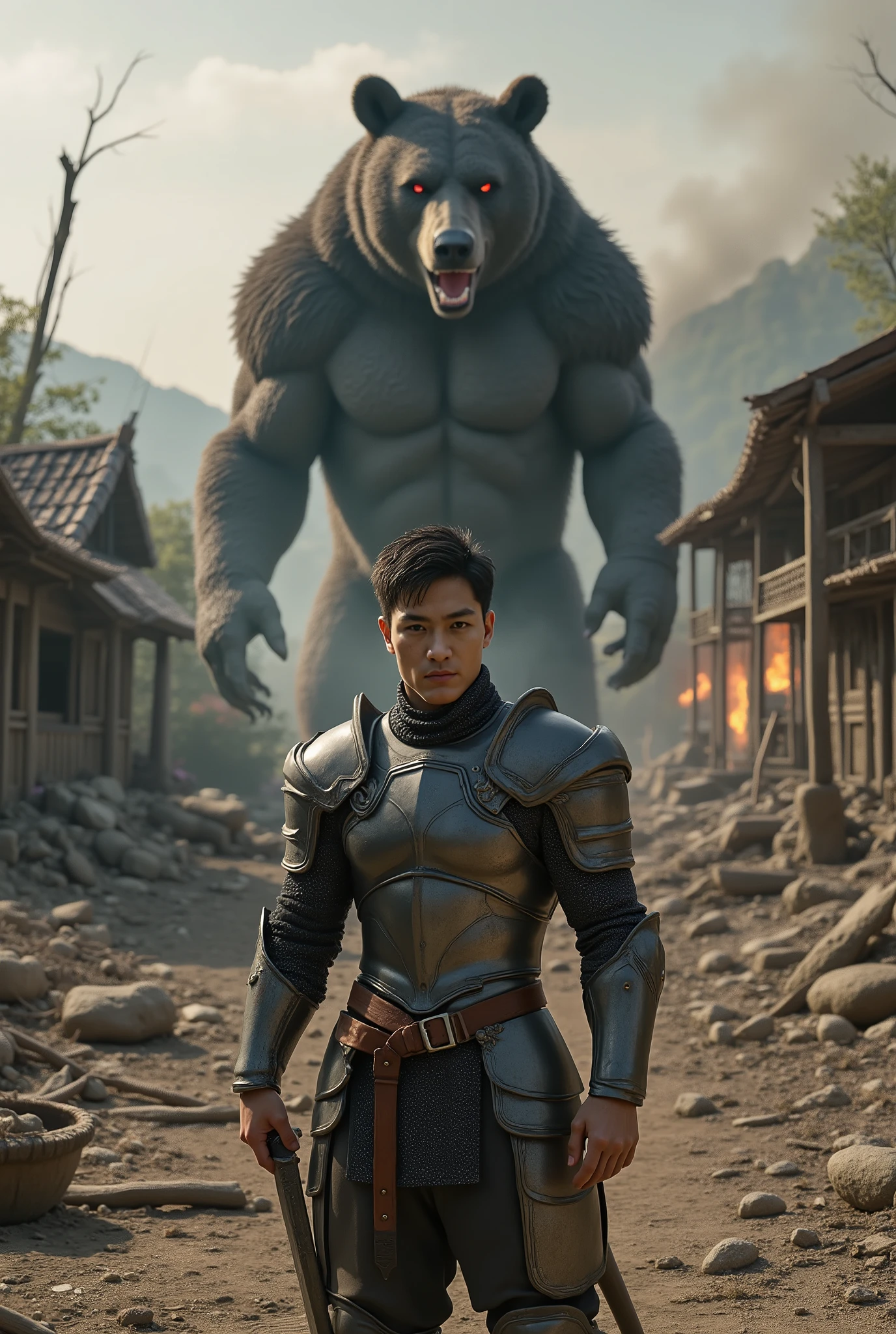 「is handsome , a muscular knight 、 He stands in the ruins of a destroyed beginner's village . His armor is tightly forged , outlining his powerful physique 、 A form-fitting design—a defined chestplate , sculpted abdominal armor , and、 Reinforced shoulder pads accentuate his broad shoulders . Metal 、 He reflects the faint glow of ash and battle dust , highlighting his powerful form , Overwhelming Presence.
Behind him , a wooden house collapsed 、 a silently burning , Rubble scattered on the ground. smoke drifted through the air . broken carts , pink々 shattered fences , and焼け焦げた屋根は、 He shows that the village was brutally attacked .
before him stood 、 A huge black bear with blazing red eyes—the fearsome boss monster responsible for the destruction. a bear roared , muscles bulged , claws digging into the shattered earth .
the knight gripped his sword tight , stepping into a small city , He is ready to defend what remains of the village . the wind blew through the drifting ash . The air is full of tension.
super detailed, cinematic Highlights, it pierces a large sword strongly, high contrast, powerful composition.”