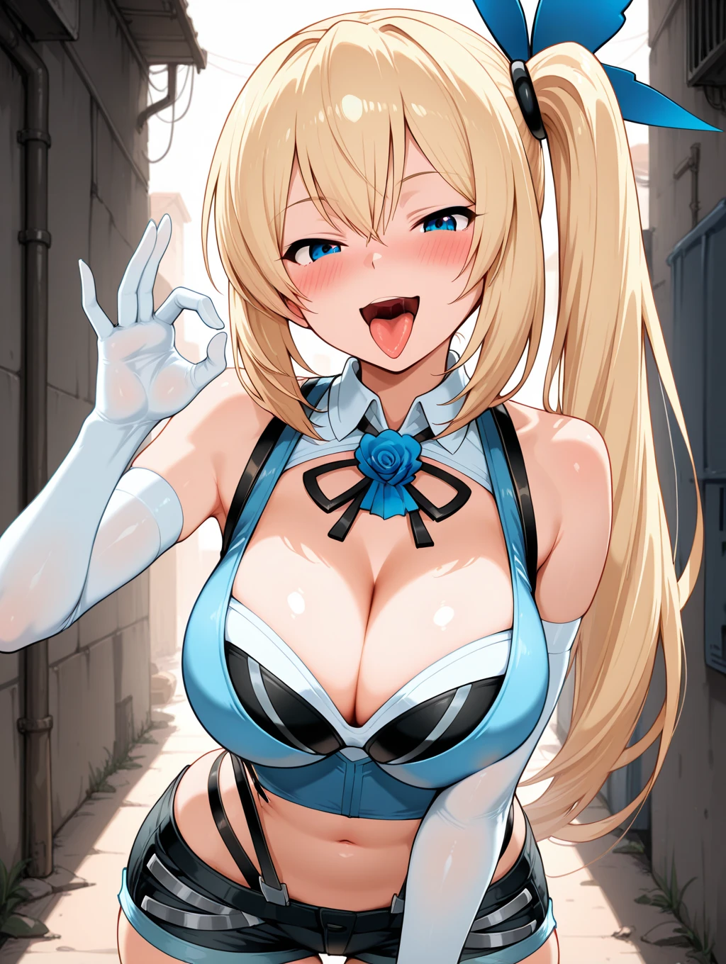 (8K, RAW photo, 最high quality, masterpiece:1.2), High-definition RAW color photo, Professional photo shoot, cinematic light, alone, (((young woman, Sexy Bunny Girl))), (Sharp features), (Round eyes), (small face), (high detail skin: 1.2), clavicle, cute face, beautiful face, long eyelashes, (blonde, twin tails, blue eyes), ((have cleavage: 1.2)), (beautiful breasts:1.5), ((very detailed女)), (tits:1.9), (thin:1.4), Very detailed face and skin texture, detailed eyes, double eyelids, look sideways at the camera, put your hands behind your body, ((blonde, twin tails)), Thin body, ((shy smile)), big breasts, normal hip joint, cowboy shot, (separate collar, separate cuffs, sexy fishnet stockings, Shiny Black Sexy Bunny Girl Outfit:1.5, black bunny ear headband, high heels), Upper body portrait, night club, bar counter, staring eyes, beautiful skin, shiny skin, perfect fingers, five fingers, anatomically correct, background bokeh, high quality, surreal, bright colors, ((very detailed, photo shoot)), (((with your back turned:1.5, turn your butt, Hold your buttocks with your hands, hand spread pose))),