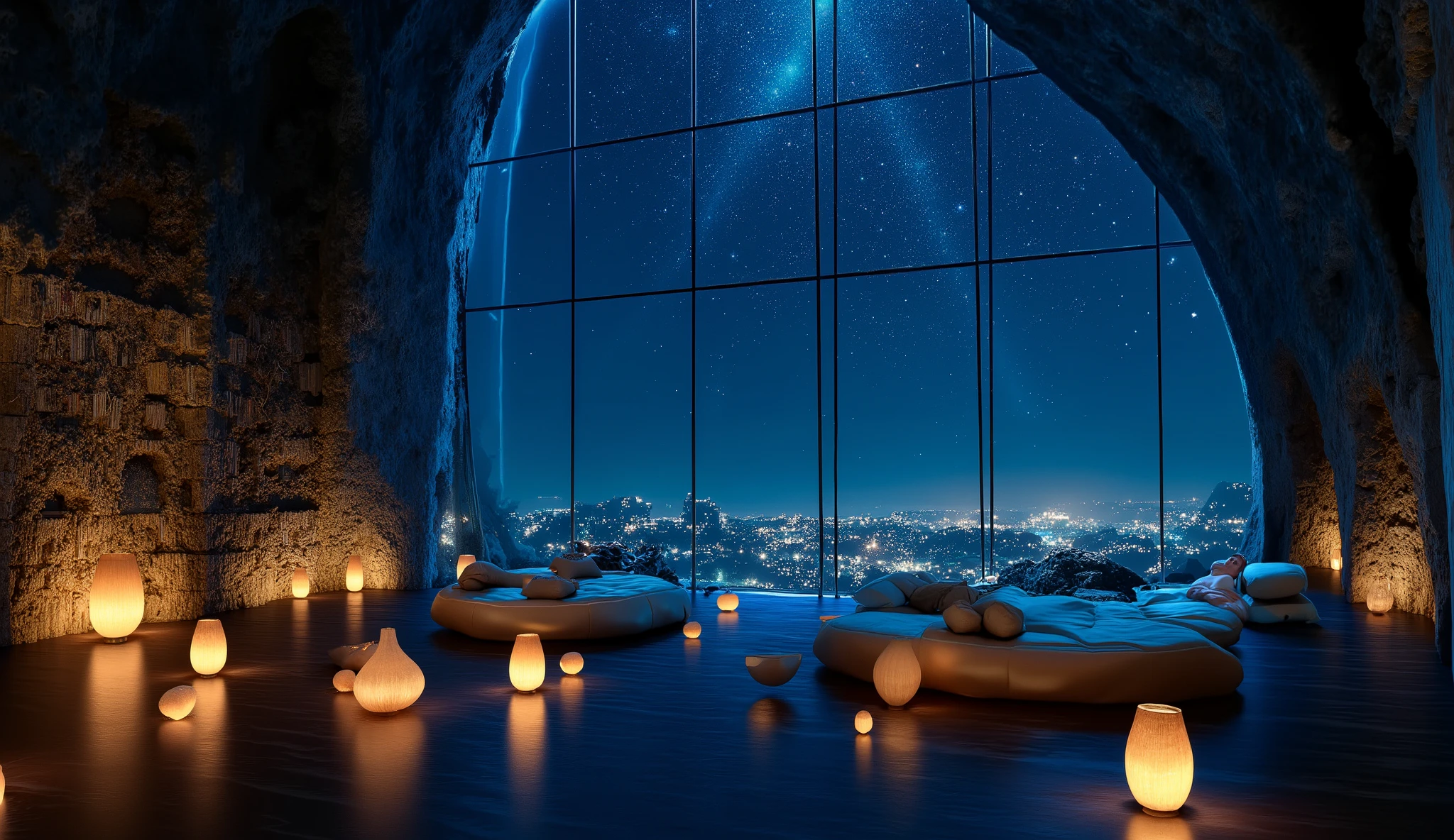 Wide々andした空間に魅惑的なシーンがWideがります, A modern room with a huge, tall glass wall that invites the outside world. At night, envelops the surroundings in deep blue. It's a place where you can soak in both literature and the beauty of an enchanting night, 星空andandもに魔法のようなシュールな背景を作り出しています. This scene evokes peaceful solitude and wonder, creates a gentle winter atmosphere. internal, High ceilings and large windows create a grand and open atmosphere {x} bright lights reminiscent of fireflies and distant stars twinkle on the glass exterior walls {x} of numerous lantern-style lamps Warm light projects puddles golden light is reflected on the wooden floor, and、express. A modern room with books lined up on the left wall, Multiple cozy luxury sofas are arranged、suggest a reading corner or book space. attractively arranged between lamps, 快適さand静けさを表現しています, 高い天井and大きな窓が壮大で開放的な雰囲気を醸し出しています. このシーンは平和な孤独and不思議さを呼び起こします, 文学and魅惑的な夜の美しさの両方に浸るこandができる場所です.