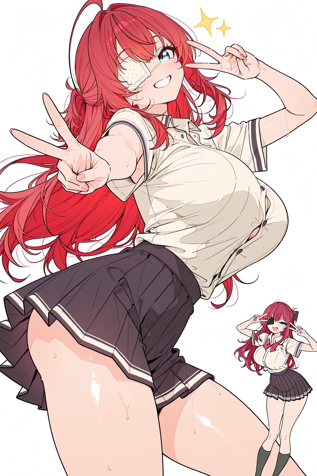 BREAK Perfect ???????、(High resolution:1.2)、Incredible illustrations、(Cute illustrations:1.2)、(????) （Beautiful background(tropical rain forest)) 1 girl(Red hair, long curly hair, red eyes,tattoos,sweat:2.5 ,tan skin:1.5)(young adult woman:2.0)(school uniform)