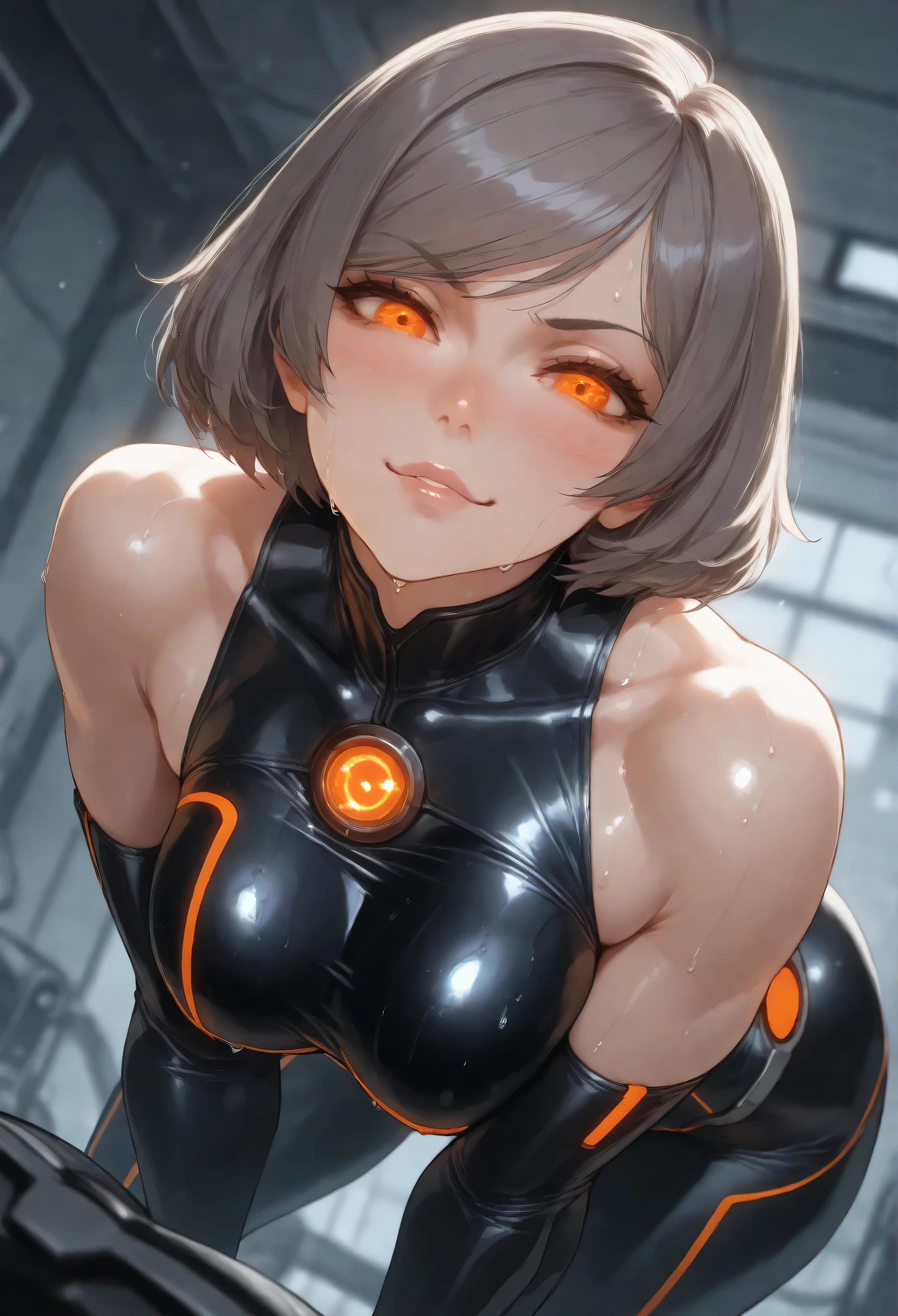 alone,balecxi_style, Tron suit, baiker, Girl, short hair, glowing orange eyes, gray-brown hair color, Costume from the movie Tron , bare shoulders ,swept bangs, , beautiful lips, small blushing, cocky smirk, Soft Skin, shiny skin, dynamic angle , Sexy Body, beautiful eyes, beautiful lips, Long Lashes, Dramatic Lighting, Sensual Atmosphere , brightly colored, Shallow depth of field , Super resolution, ( top quality: height detailed , HD CG illustration , masterpiece, Best Aesthetics) , , big ass, , Bubble Butts ,front Angle, Glowing Orange neon stripes on suit, muscle, sweaty, staring at viewer , medium boobs,Covered chest with a suit