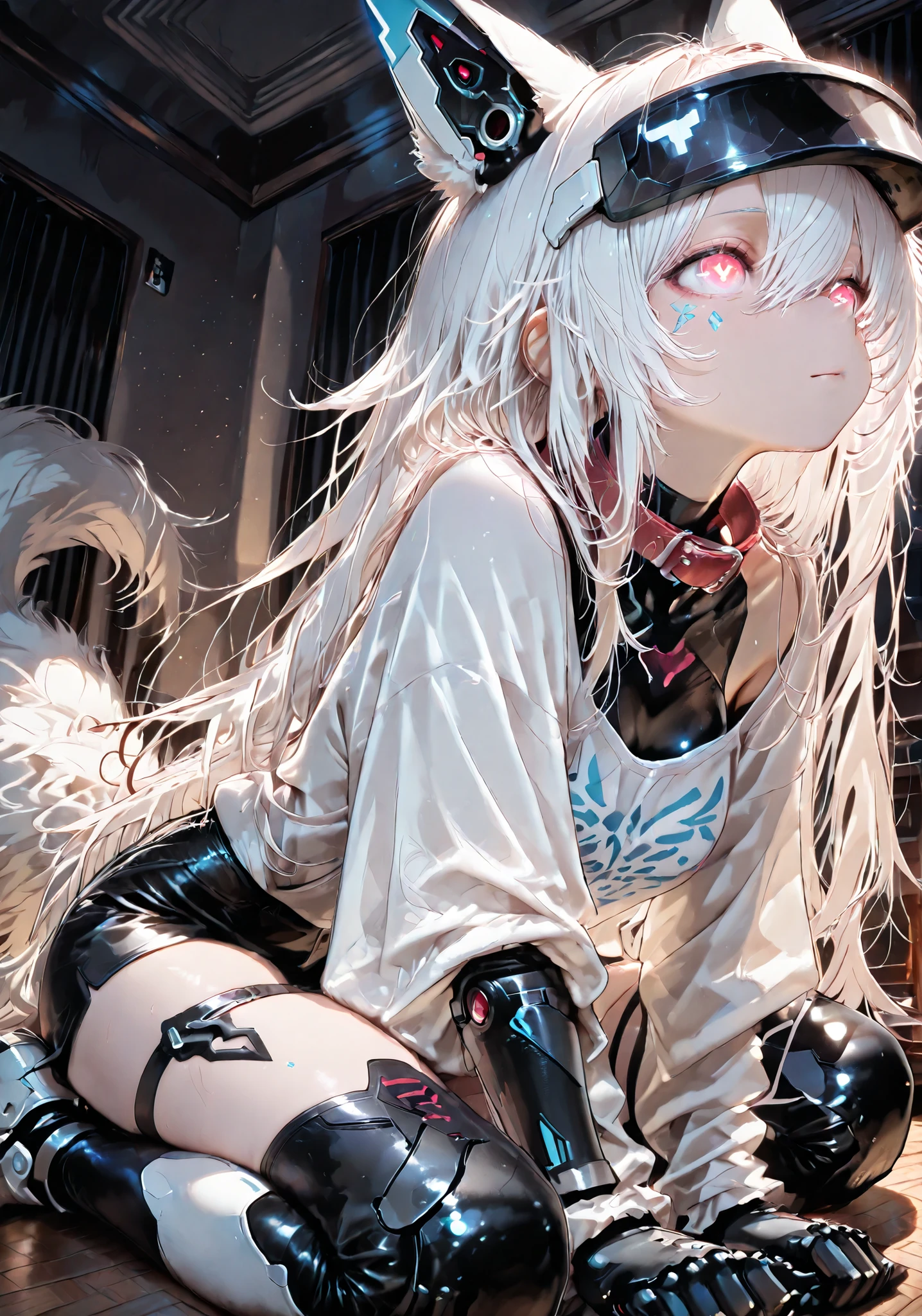 masterpiece、top quality、8k,dynamic pose、dynamic angle、(anthropomorphic AIBO that stays at home while its master is away), one woman (anthropomorphic AIBO, anthropomorphic mechanical dog, mechanical limbs, white mechanical body, blue lines running down the body, glowing neon eyes, very long white hair,Black visor, white cyber fashion,Cyberpunk Armor、 fluffy white tail
, mechanical dog ear headgear, red collar, sitting on the floor), a room in an apartment, cyberpunk design, CG design CG illustration, photorealistic, Dutch angle、dynamic light、Dutch angle 、CG illustration style