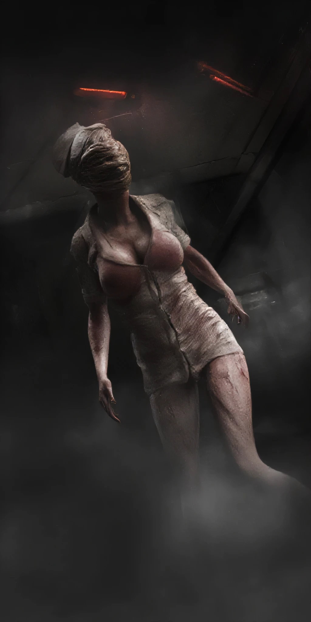 Silent Hill nurse emerging from thick fog in an abandoned hospital basement. Body twitching unnaturally with jerky movements. Face completely wrapped in bloodied gauze. Wearing a tight, stained white uniform with exposed stitched flesh. Dim emergency lights casting red glow. Water dripping from pipes. Medical charts floating in flooded floor. Photorealistic horror, volumetric lighting, cinematic composition, extreme detail, dark surrealism