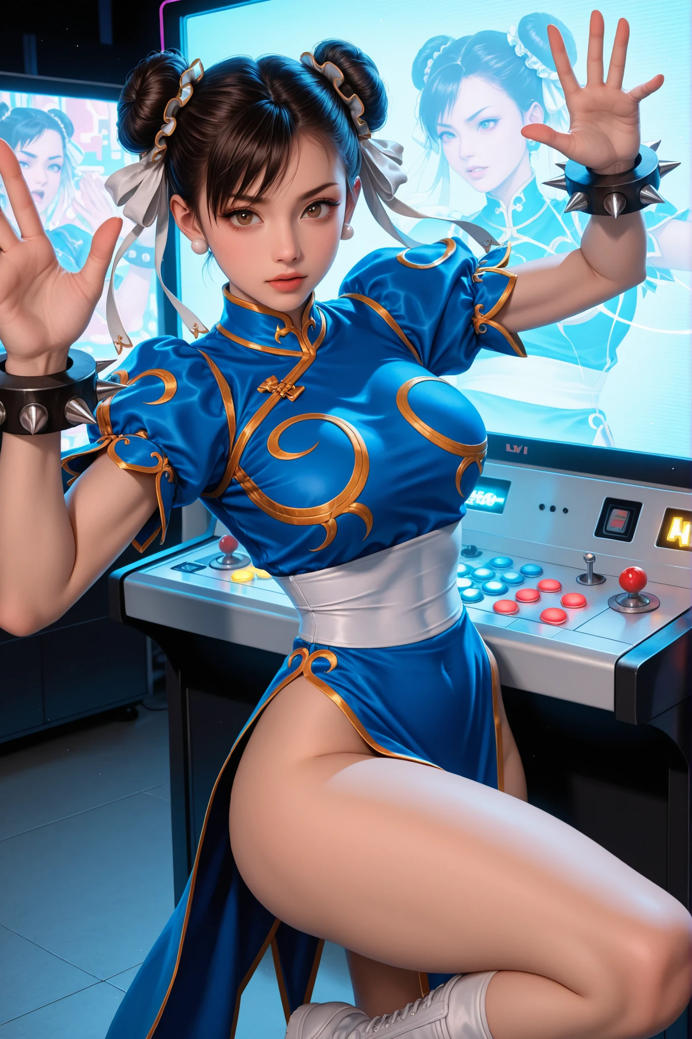 1 girl, (like々Neon Impact Trails:1.0), (full breasted:1.0), ( thigh thickness :1.0), (Constricted Waist:1.0), (dynamic pose:0.8), (natural expression:0.8), (detailed background:1.0), Vibrant Retro Arcade Energy, Pay homage to the heroine of classic fighting games with a Chun-Li style costume, blue china dress battle dress, spike bracelet, bow twin bang, powerful kick pose that jumps out of an arcade cabinet, Arcade Legend Themes, Glowing CRT Screens, vivid retro arcade energy
