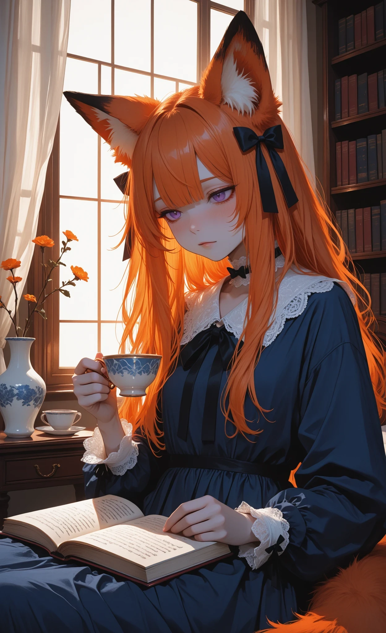 (low key lighting:1.3), (silhouette:1.2), (rim lighting:1.3), (side lighting:1.3),,748cmstyle,ultra-detailed, high detail, best quality, masterpiece, sharp focus, detailed shadows, vivid colors,masterpiece, best quality, high resolution, anime art, 1girl, solo,
a young female fox girl with long vibrant orange hair styled with two small black bows, fox ears, fluffy fox tail, late teens, serene contemplative expression, pale skin, purple eyes, slight blush,
wearing a long dark blue dress with a white lace collar and cuffs,
seated on a bed, holding a teacup in her right hand, left hand resting on an open book, reading while enjoying tea,
bedroom interior, large window in the background with white curtains, soft diffused lighting from the window, warm cozy atmosphere, bookshelf, side table with a vase and small items,
balanced composition, focus on the character, detailed and vibrant style, soft textures of clothes and hair