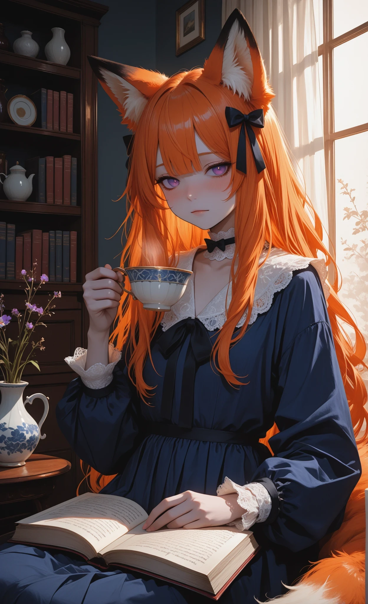 (low key lighting:1.3), (silhouette:1.2), (rim lighting:1.3), (side lighting:1.3),,748cmstyle,ultra-detailed, high detail, best quality, masterpiece, sharp focus, detailed shadows, vivid colors,masterpiece, best quality, high resolution, anime art, 1girl, solo,
a young female fox girl with long vibrant orange hair styled with two small black bows, fox ears, fluffy fox tail, late teens, serene contemplative expression, pale skin, purple eyes, slight blush,
wearing a long dark blue dress with a white lace collar and cuffs,
seated on a bed, holding a teacup in her right hand, left hand resting on an open book, reading while enjoying tea,
bedroom interior, large window in the background with white curtains, soft diffused lighting from the window, warm cozy atmosphere, bookshelf, side table with a vase and small items,
balanced composition, focus on the character, detailed and vibrant style, soft textures of clothes and hair
