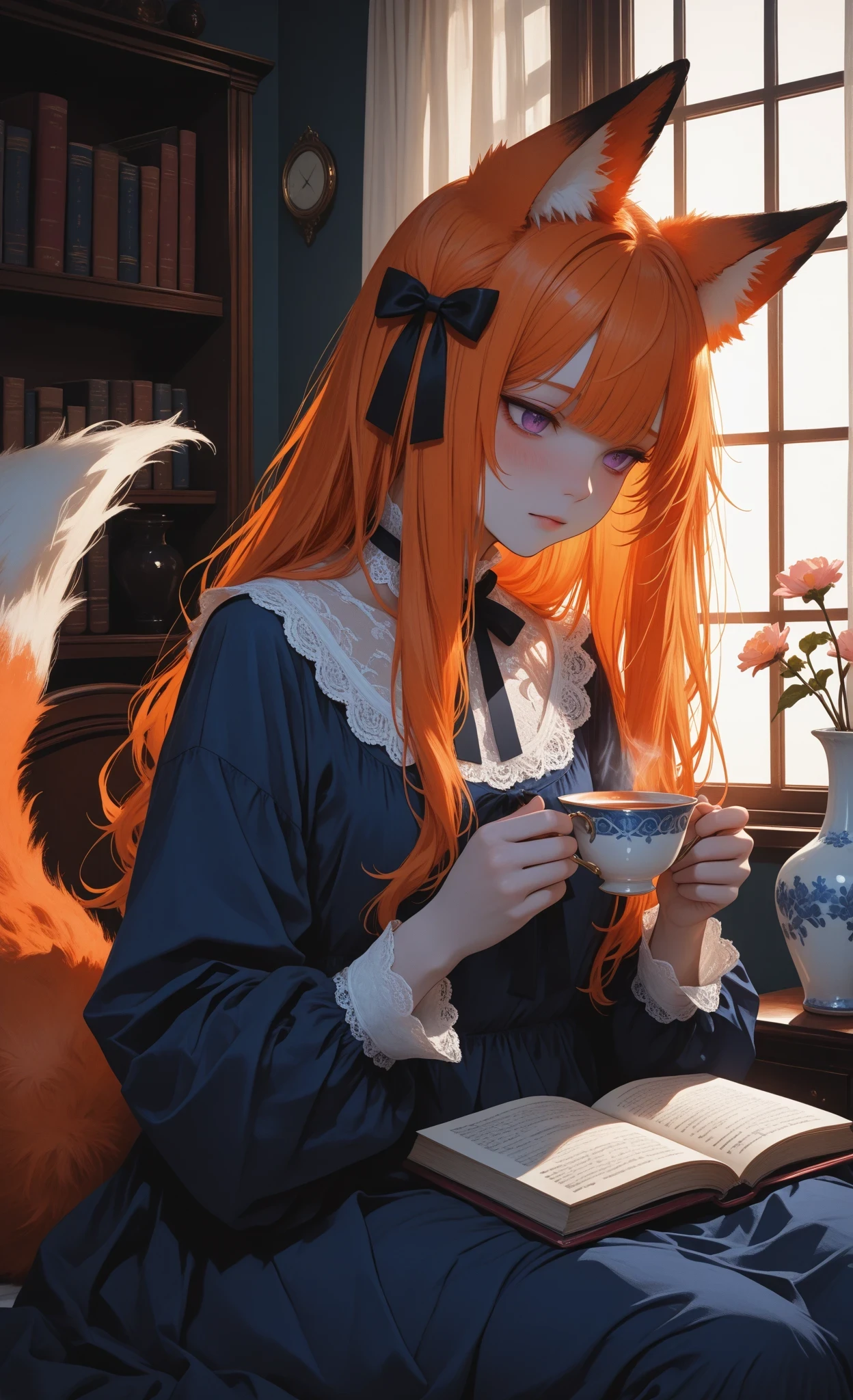 (low key lighting:1.3), (silhouette:1.2), (rim lighting:1.3), (side lighting:1.3),,748cmstyle,ultra-detailed, high detail, best quality, masterpiece, sharp focus, detailed shadows, vivid colors,masterpiece, best quality, high resolution, anime art, 1girl, solo,
a young female fox girl with long vibrant orange hair styled with two small black bows, fox ears, fluffy fox tail, late teens, serene contemplative expression, pale skin, purple eyes, slight blush,
wearing a long dark blue dress with a white lace collar and cuffs,
seated on a bed, holding a teacup in her right hand, left hand resting on an open book, reading while enjoying tea,
bedroom interior, large window in the background with white curtains, soft diffused lighting from the window, warm cozy atmosphere, bookshelf, side table with a vase and small items,
balanced composition, focus on the character, detailed and vibrant style, soft textures of clothes and hair