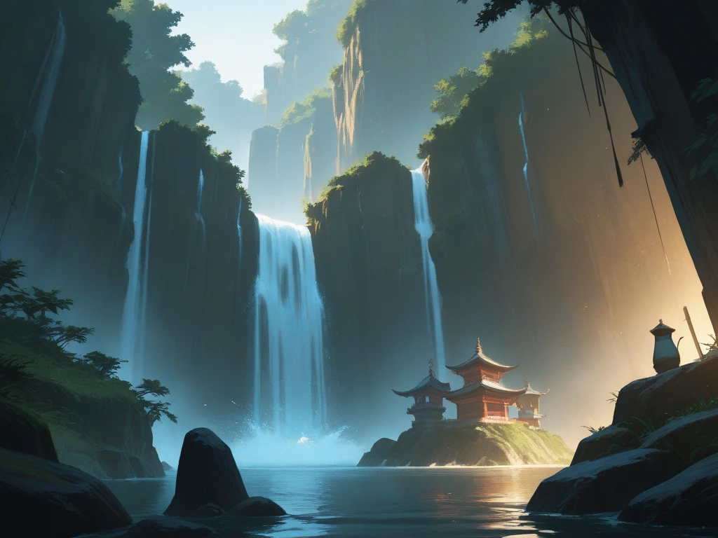 Surrounded by mountains and waters, the sky is high and cloudy, zongzi rowing dragon boats, sailing on water. The vista is a mountain and river, and the close-up pavilion corresponds to the lotus flower. Poster background image, three-dimensional, atmospheric compelling.